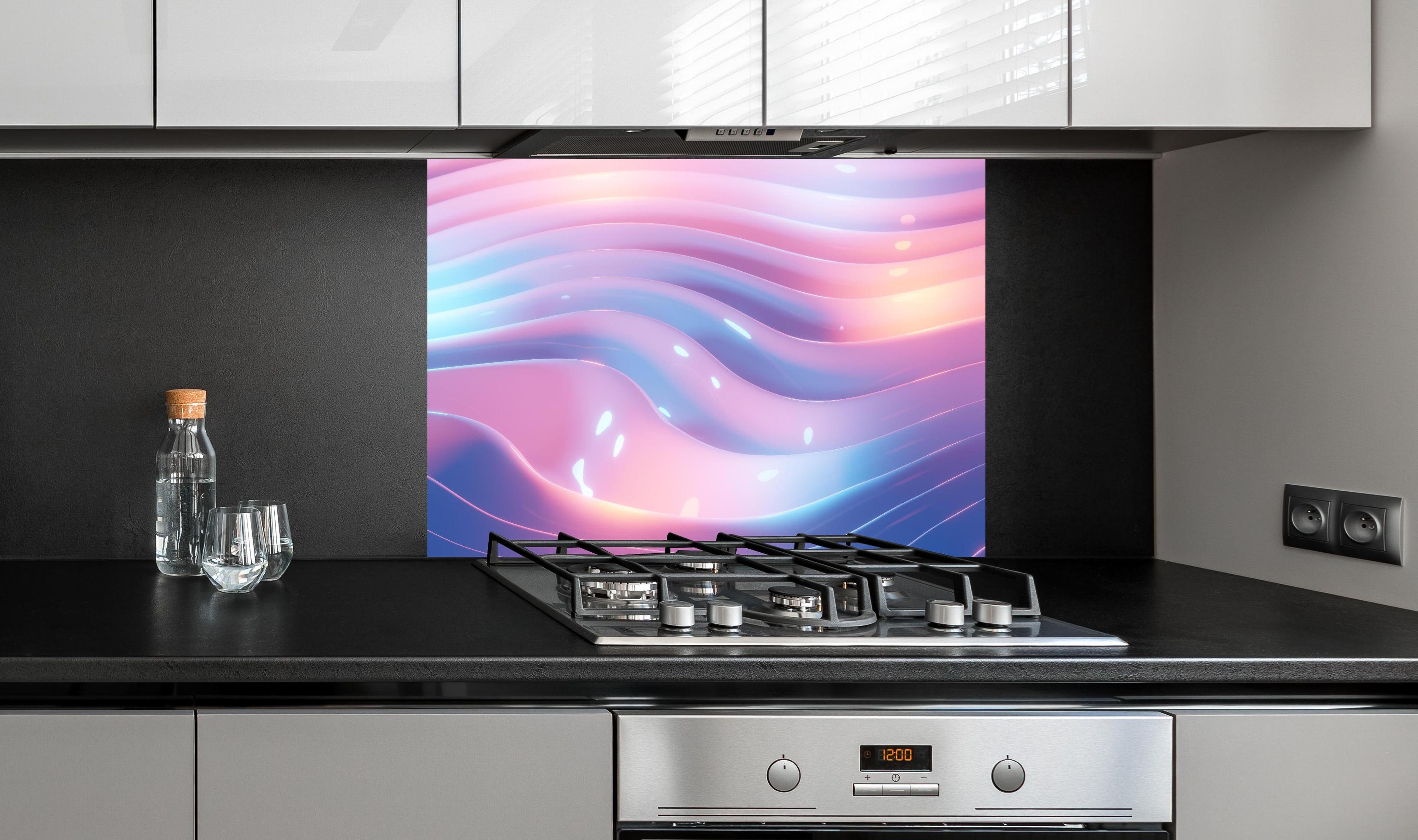 Spritzschutz - Rosa-Blau Wellige Abstrakte Kunst hinter einem Cerankochfeld zwischen Holz-Kochutensilien
