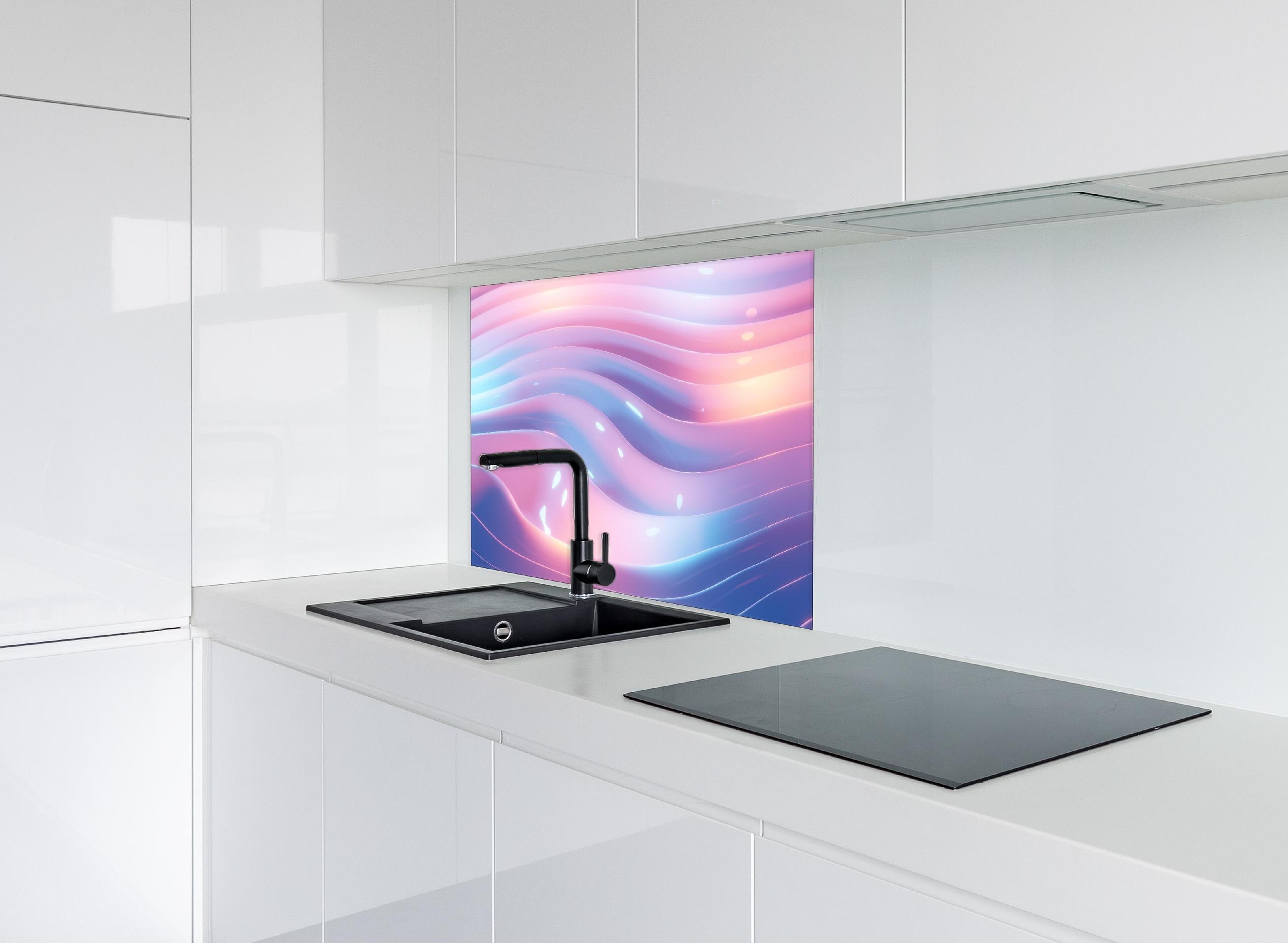 Spritzschutz - Rosa-Blau Wellige Abstrakte Kunst hinter einem Cerankochfeld zwischen Holz-Kochutensilien
