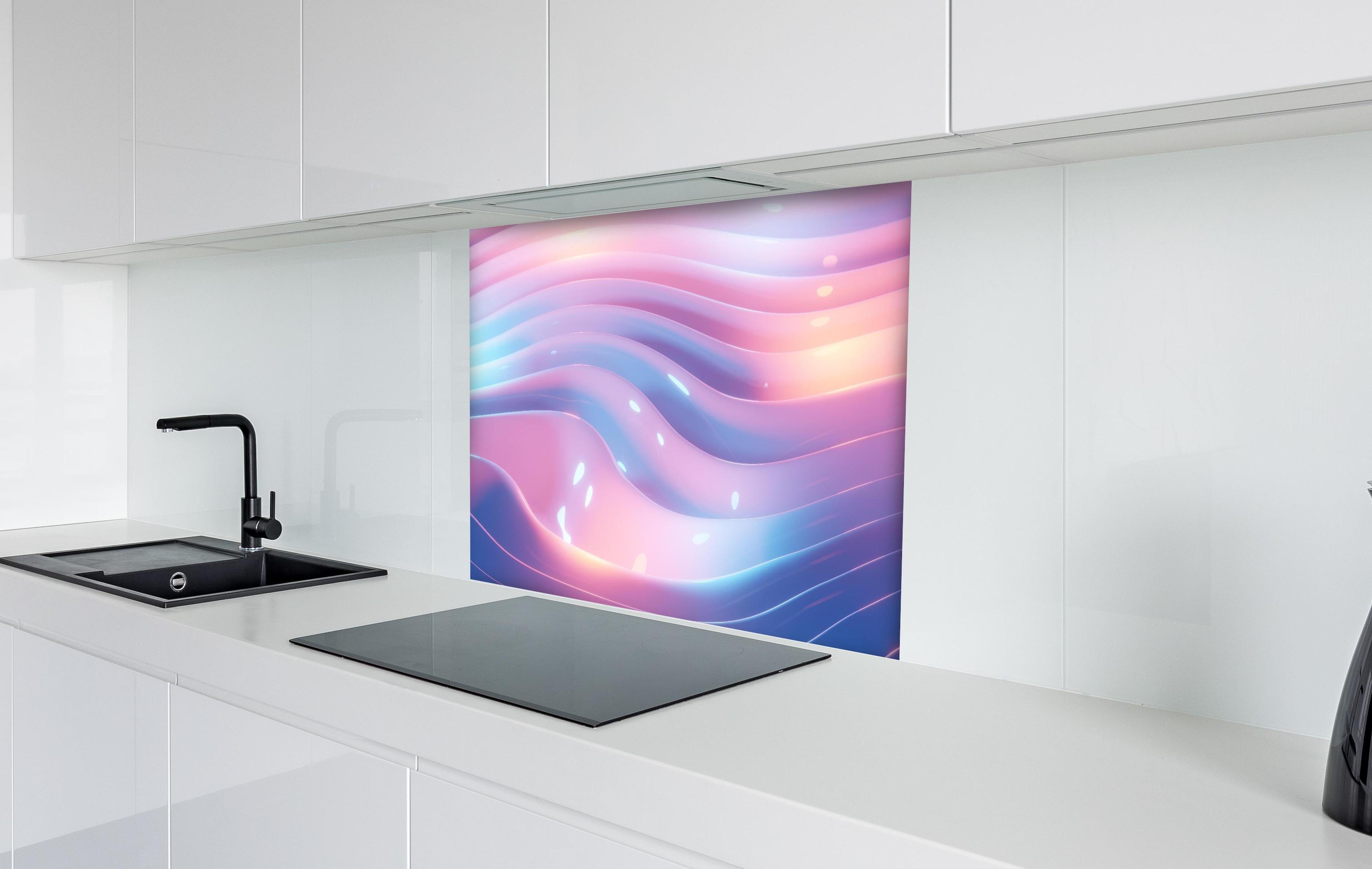 Spritzschutz - Rosa-Blau Wellige Abstrakte Kunst hinter einem Cerankochfeld zwischen Holz-Kochutensilien
