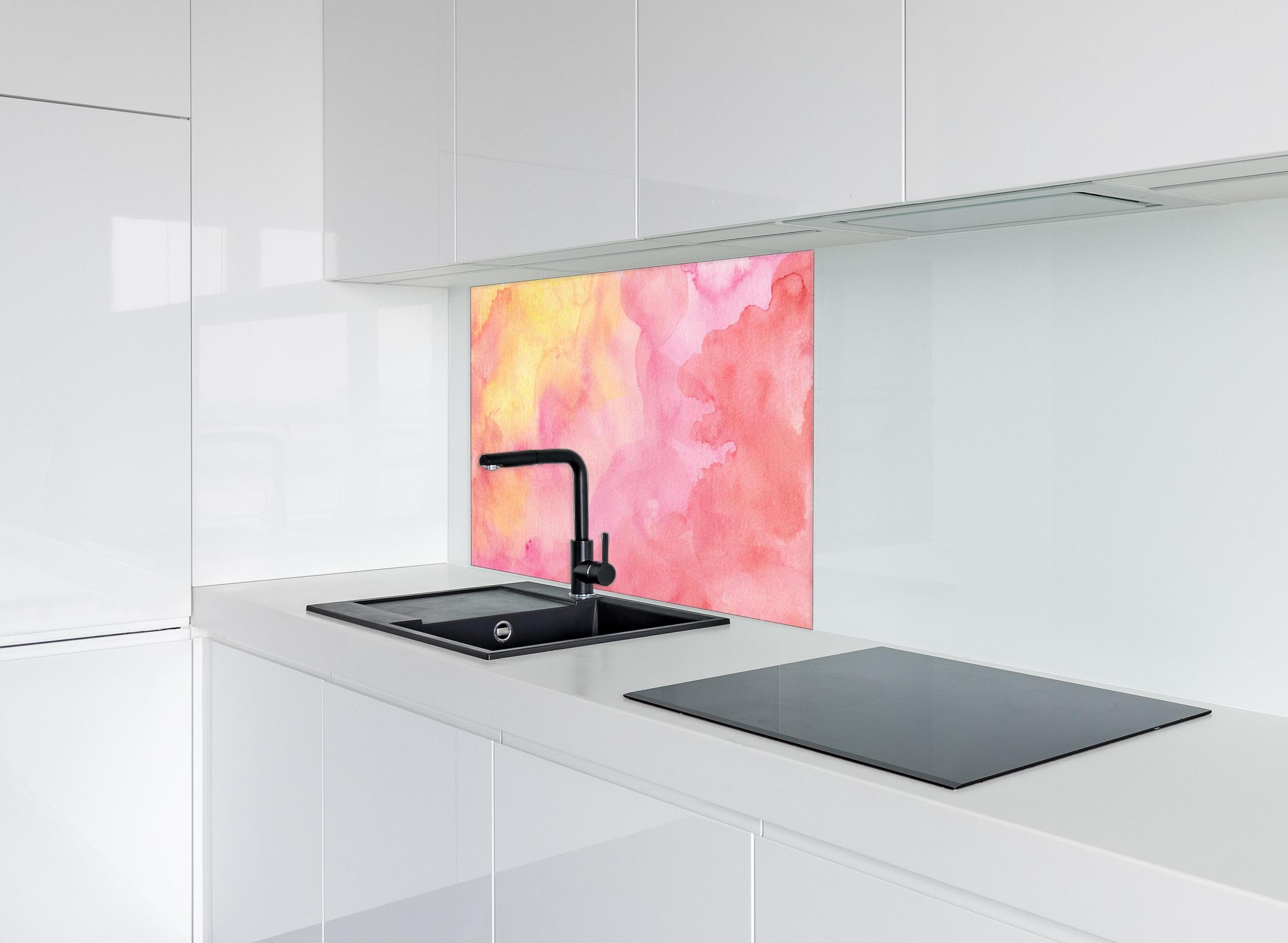 Spritzschutz - Rosa Verwaschenes Farben-Design hinter einem Cerankochfeld zwischen Holz-Kochutensilien
