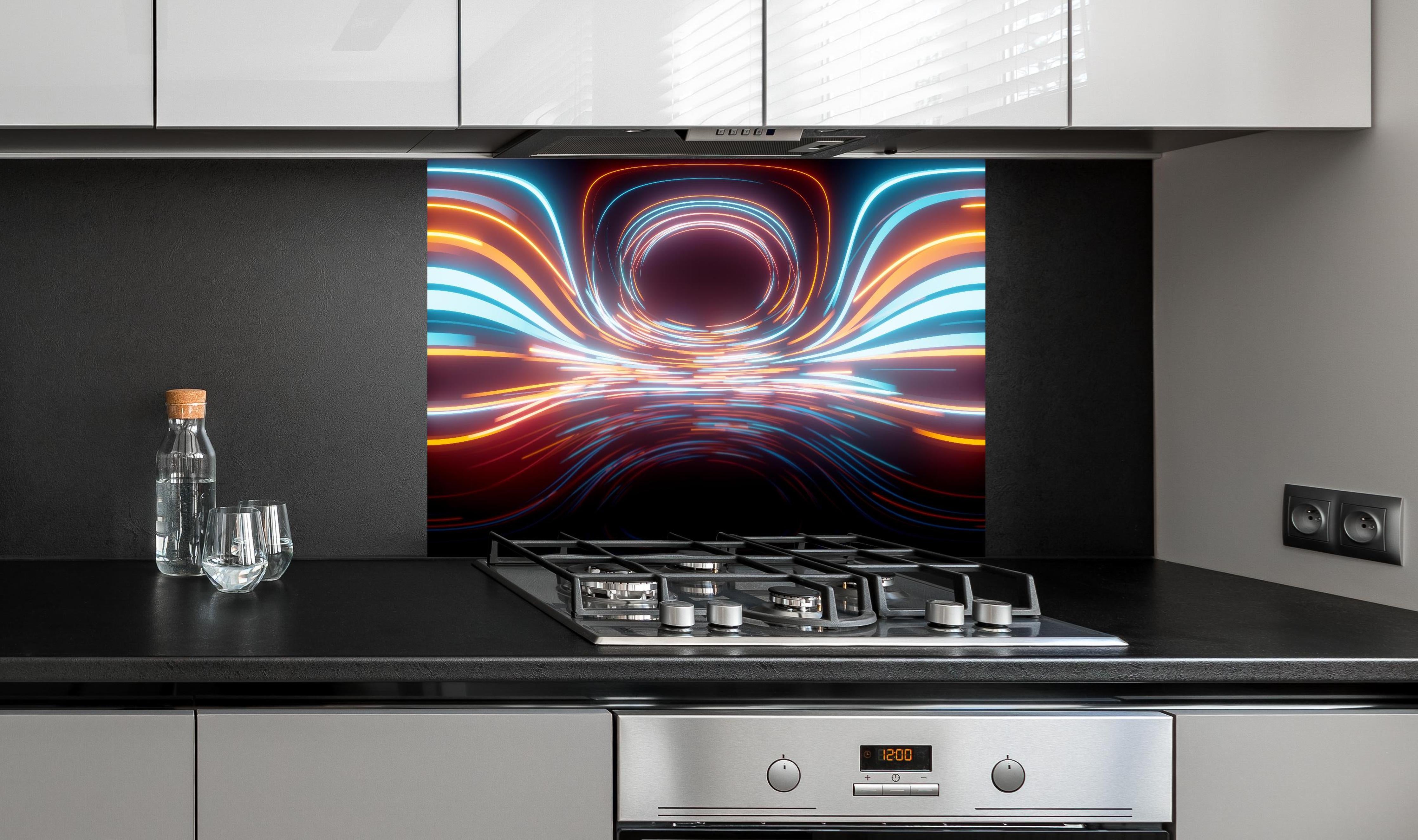 Spritzschutz - Rundum Lichtlinien mit Motion Blur Effekt hinter einem Cerankochfeld zwischen Holz-Kochutensilien
