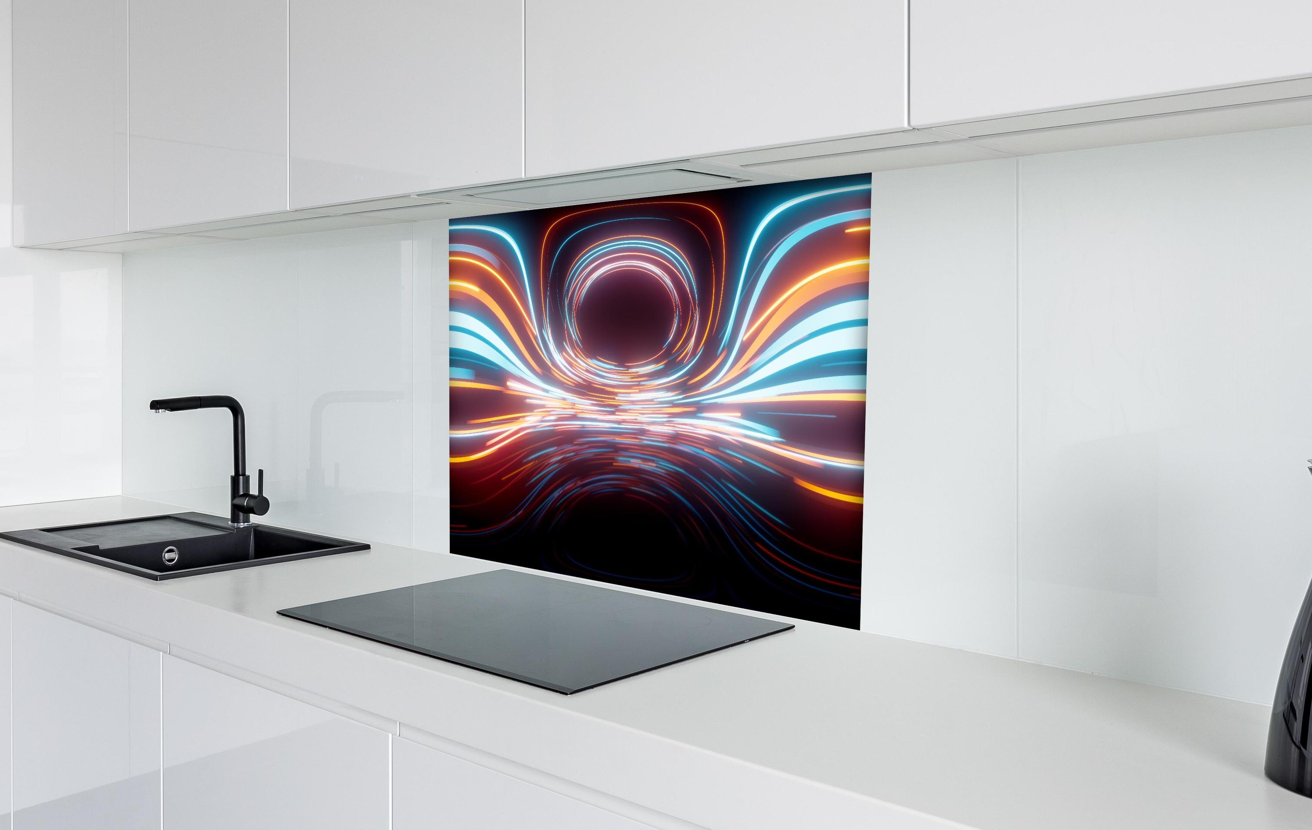 Spritzschutz - Rundum Lichtlinien mit Motion Blur Effekt hinter einem Cerankochfeld zwischen Holz-Kochutensilien
