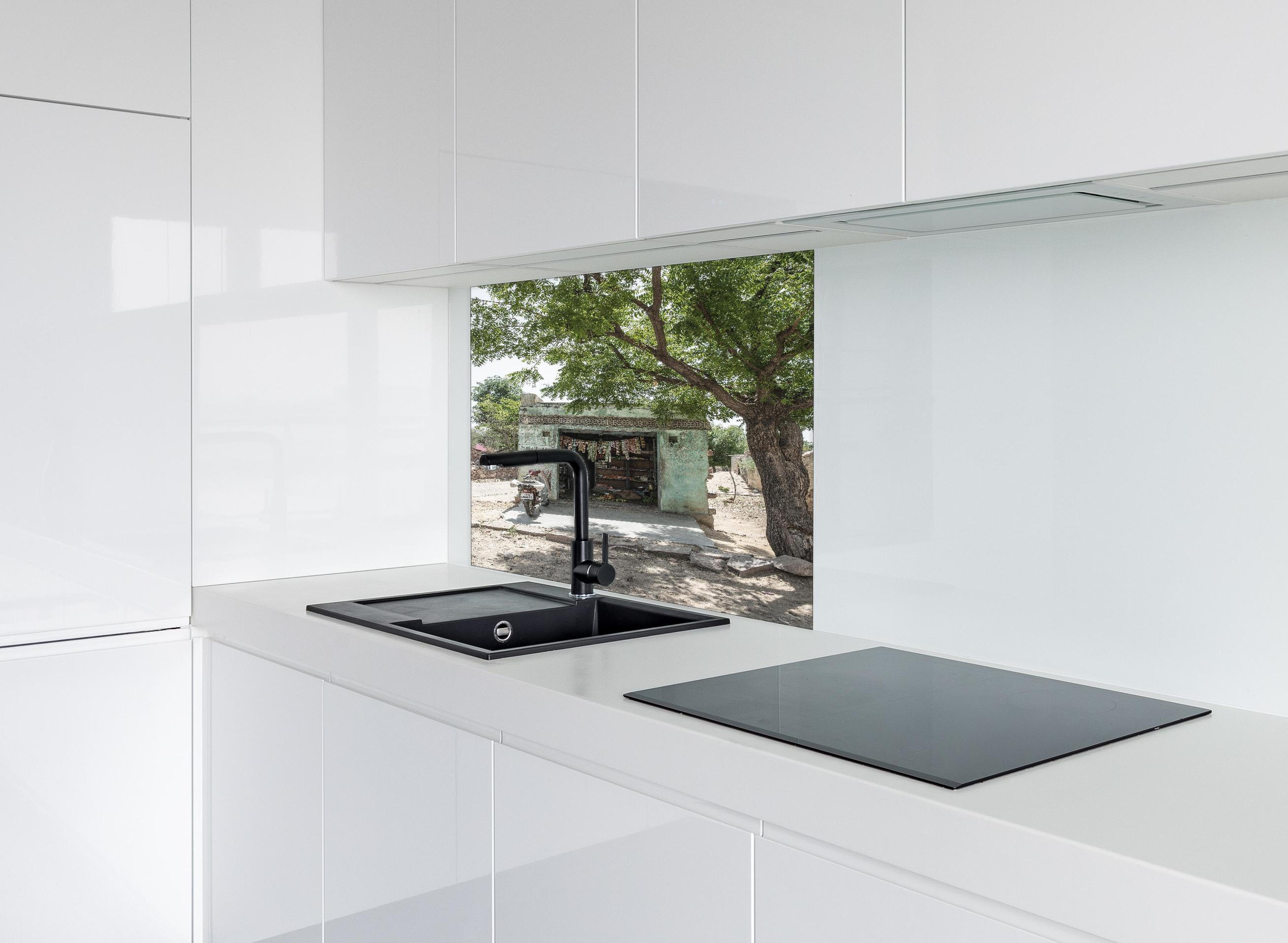 Spritzschutz - Rustikaler Laden unter Bäumen hinter einem Cerankochfeld zwischen Holz-Kochutensilien
