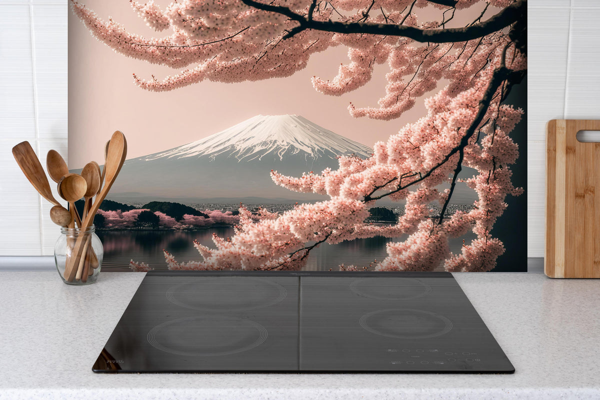 Spritzschutz - Sakura Baum mit Fuji Berg im Hintergrund hinter einem Cerankochfeld zwischen Holz-Kochutensilien
