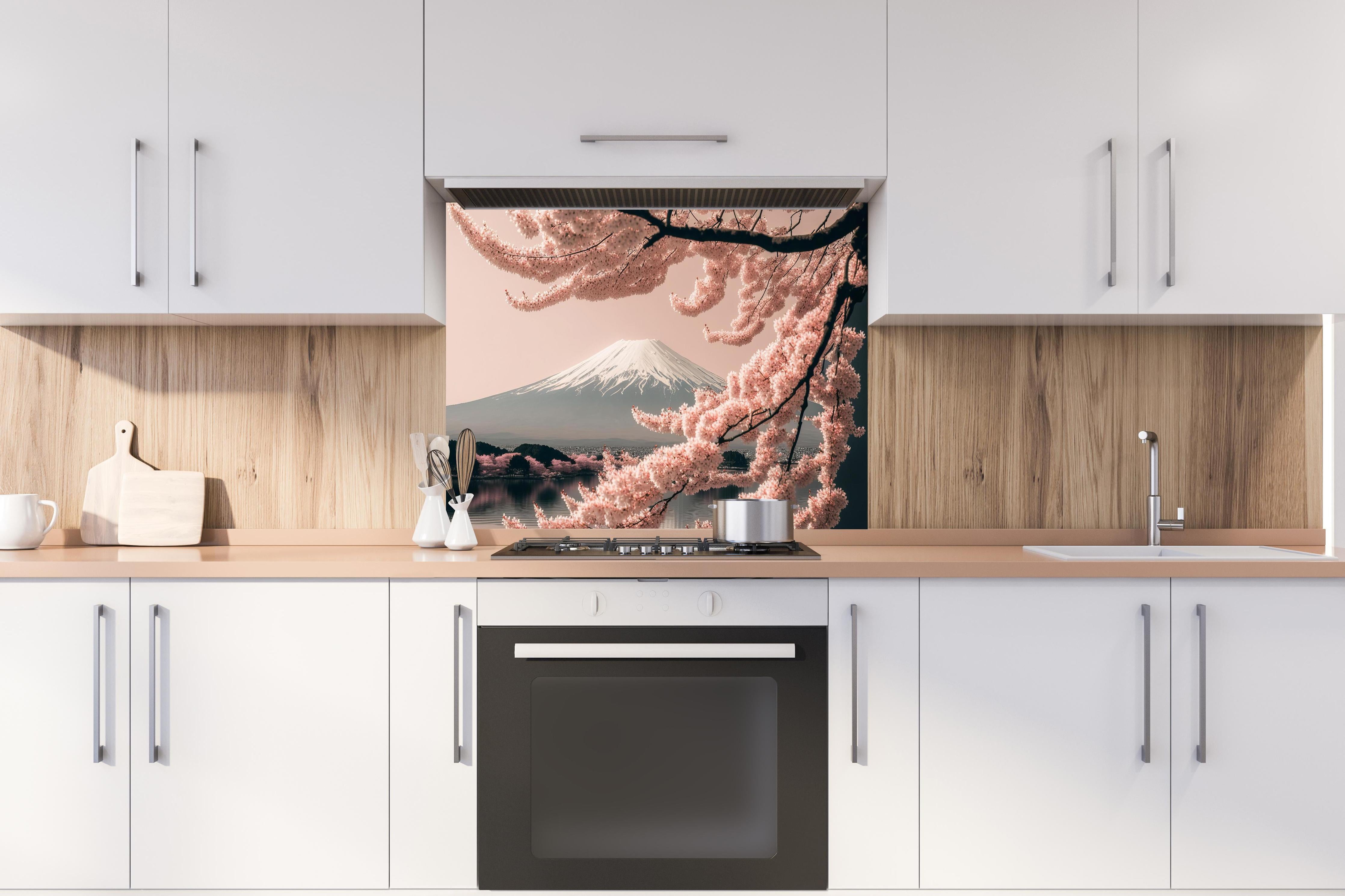 Spritzschutz - Sakura Baum mit Fuji Berg im Hintergrund hinter einem Cerankochfeld zwischen Holz-Kochutensilien
