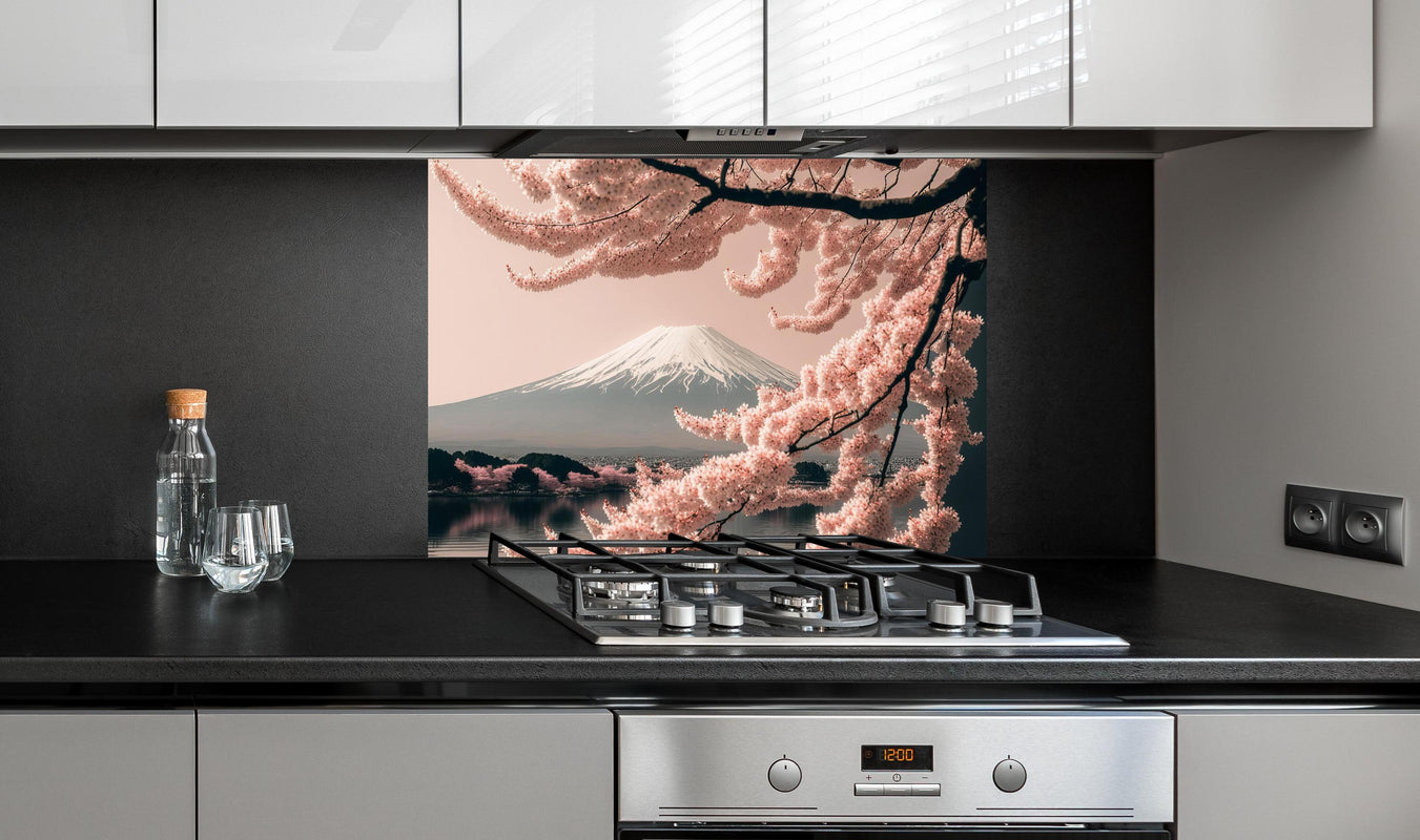 Spritzschutz - Sakura Baum mit Fuji Berg im Hintergrund hinter einem Cerankochfeld zwischen Holz-Kochutensilien
