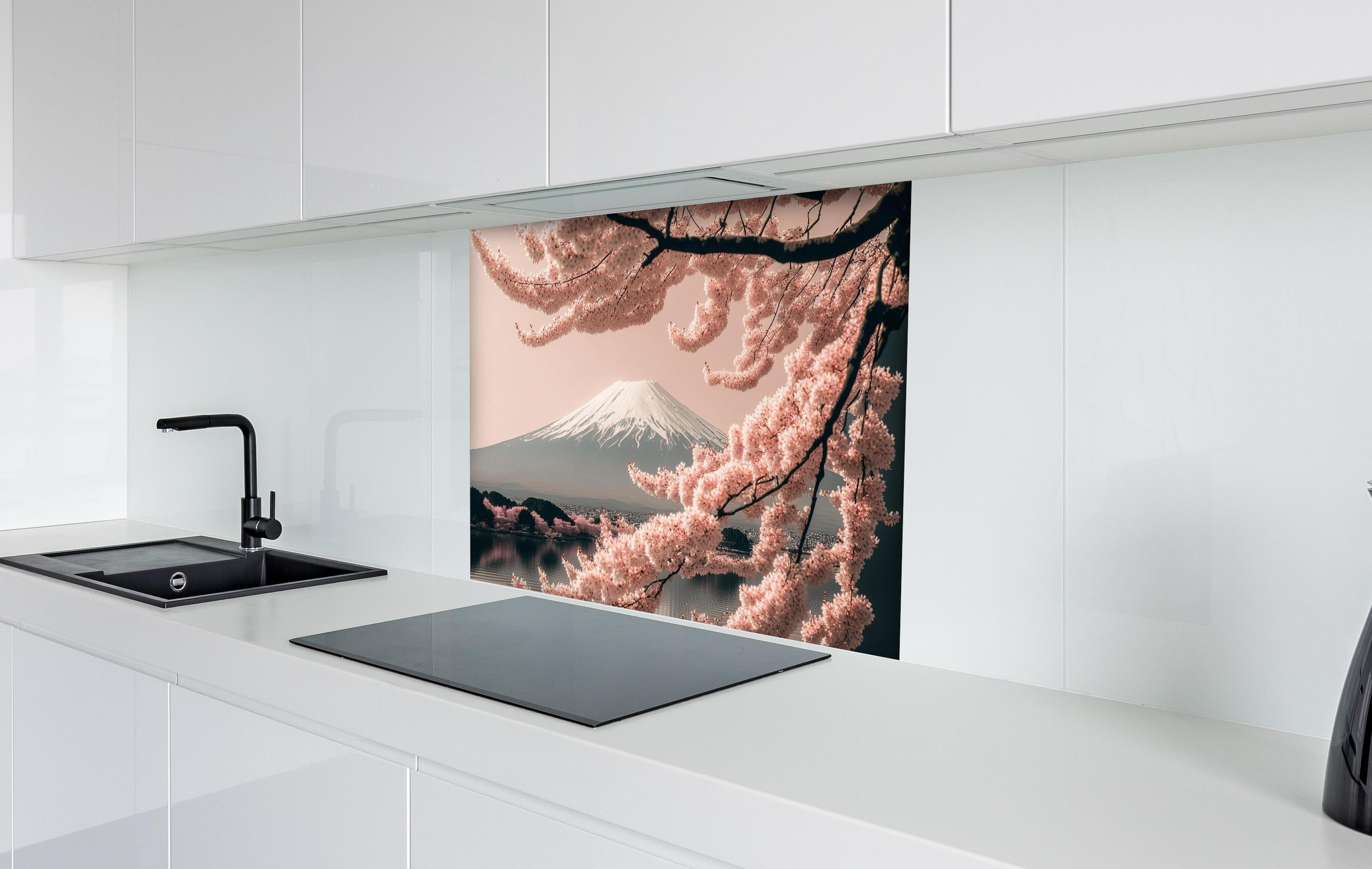 Spritzschutz - Sakura Baum mit Fuji Berg im Hintergrund hinter einem Cerankochfeld zwischen Holz-Kochutensilien
