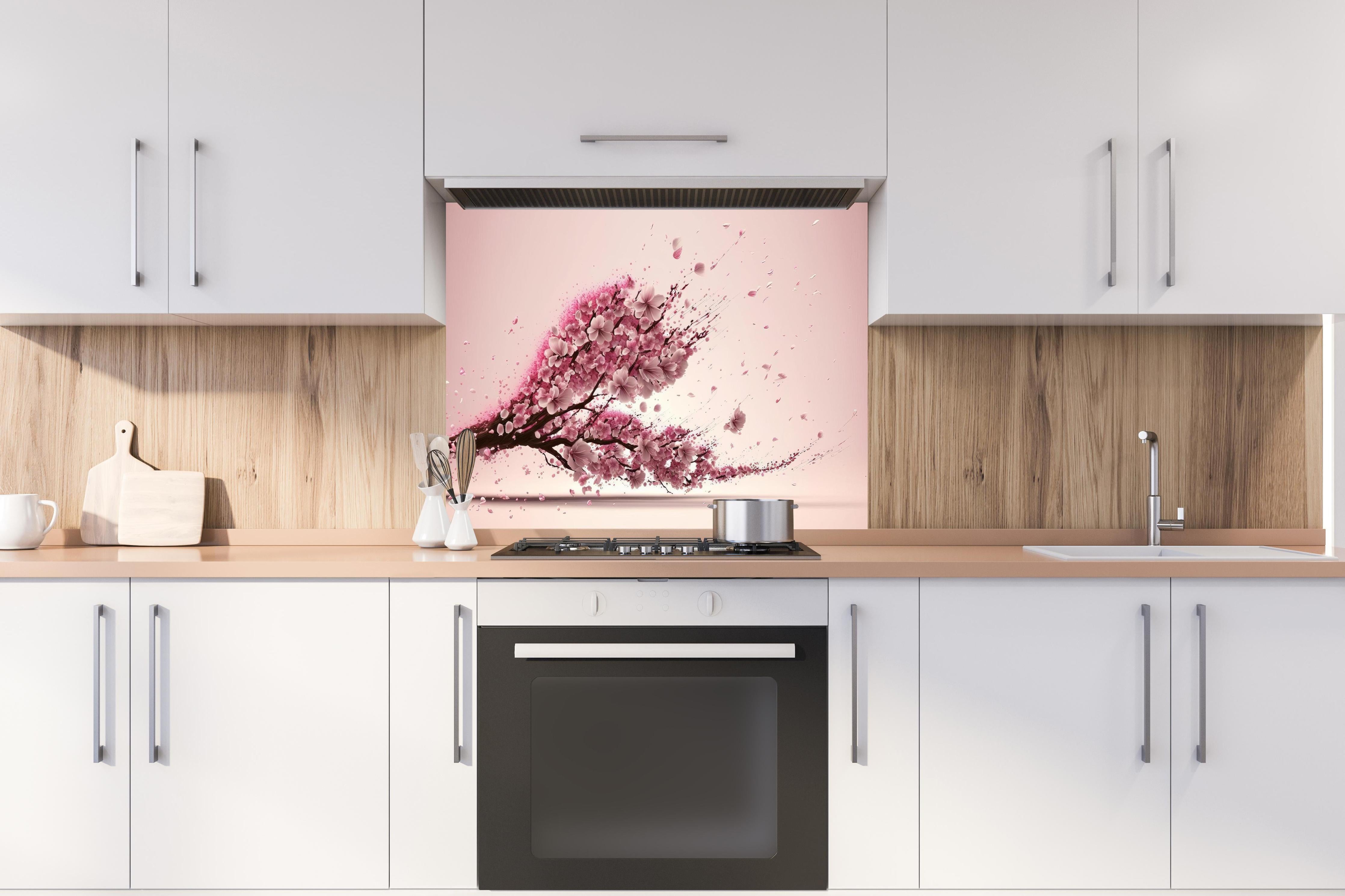 Spritzschutz - Sakura Blüte Rosa Dynamische Tintenkunst hinter einem Cerankochfeld zwischen Holz-Kochutensilien
