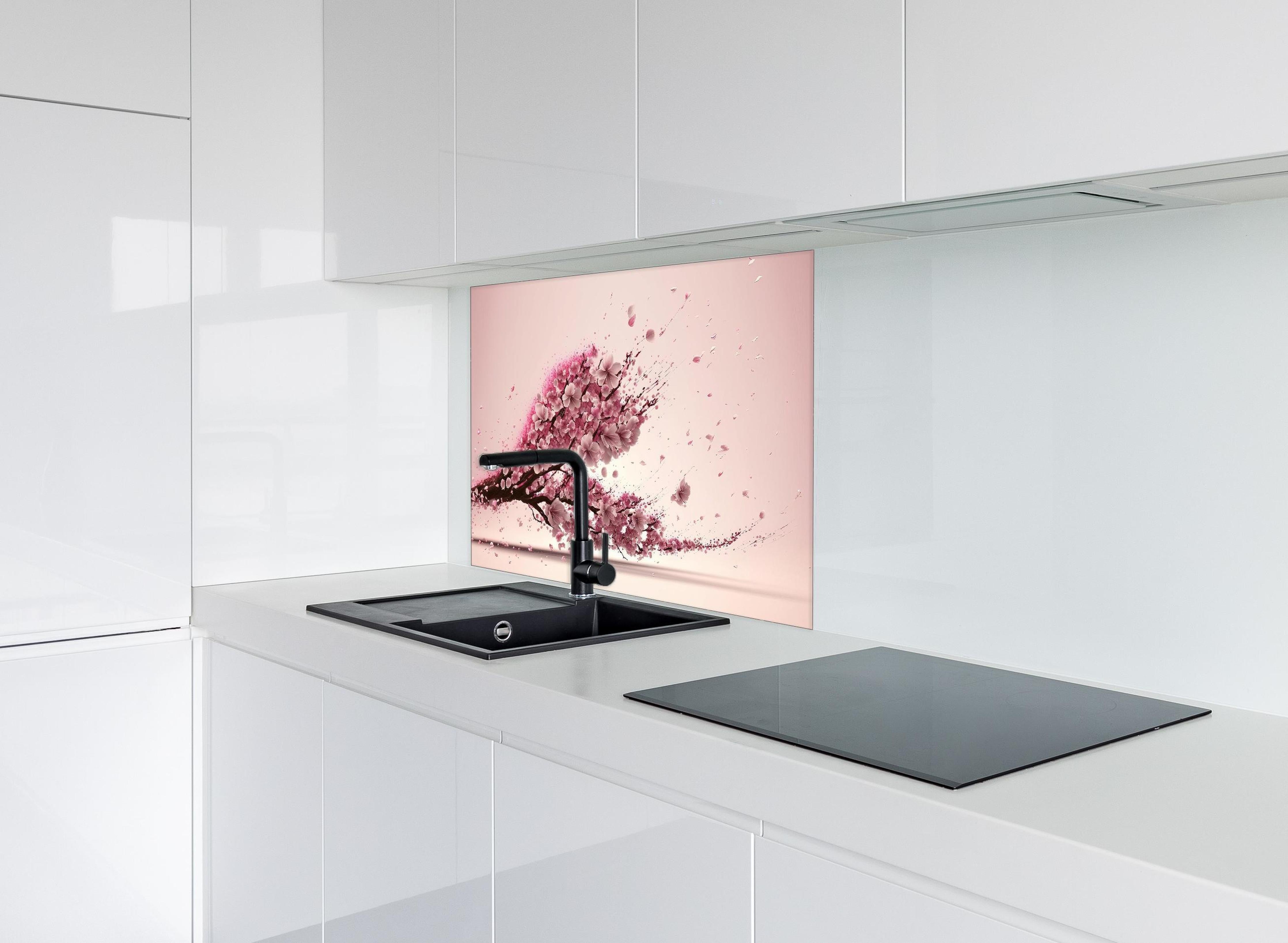 Spritzschutz - Sakura Blüte Rosa Dynamische Tintenkunst hinter einem Cerankochfeld zwischen Holz-Kochutensilien
