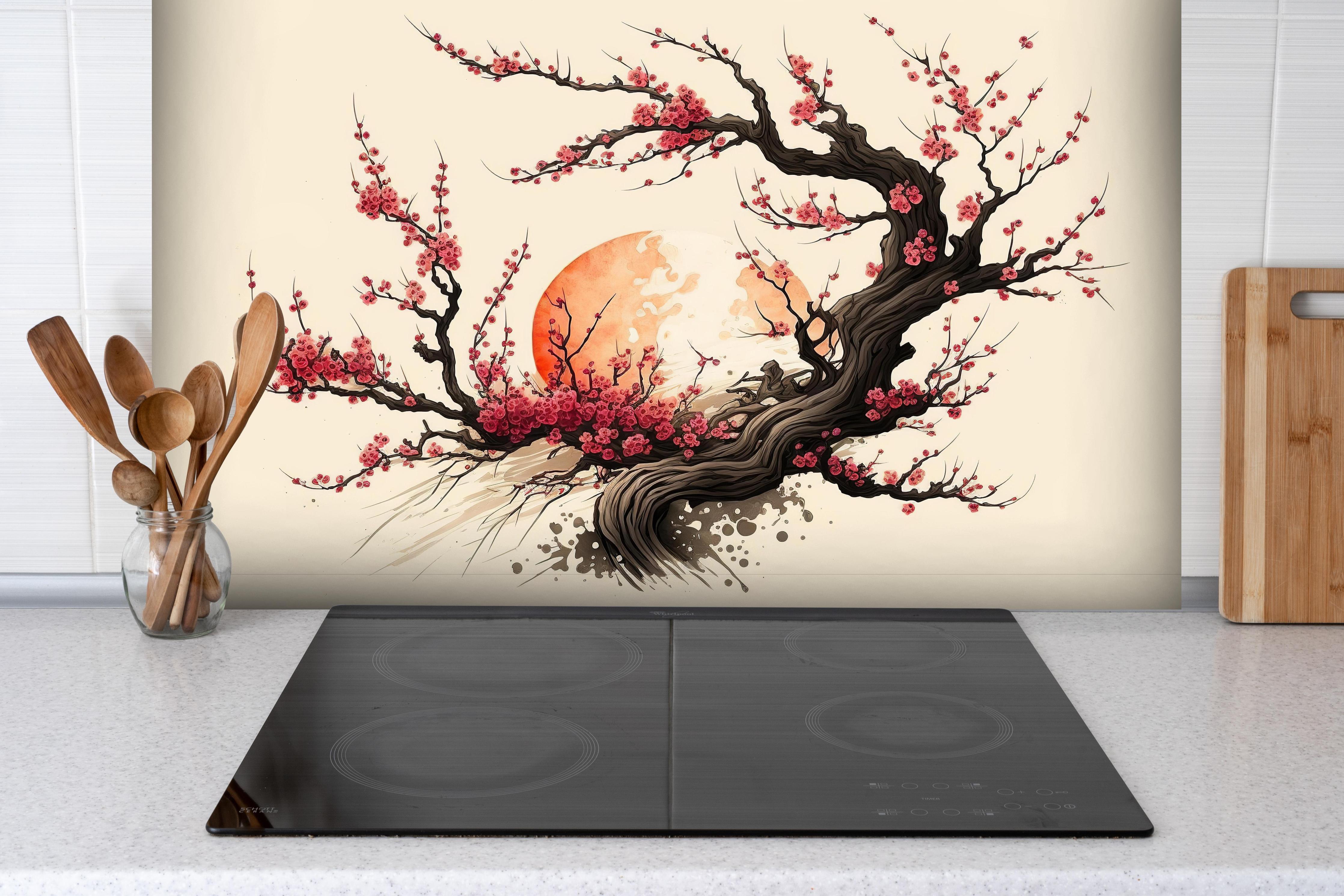 Spritzschutz - Sakura Kirschblüten Aquarell Ink Art hinter einem Cerankochfeld zwischen Holz-Kochutensilien

