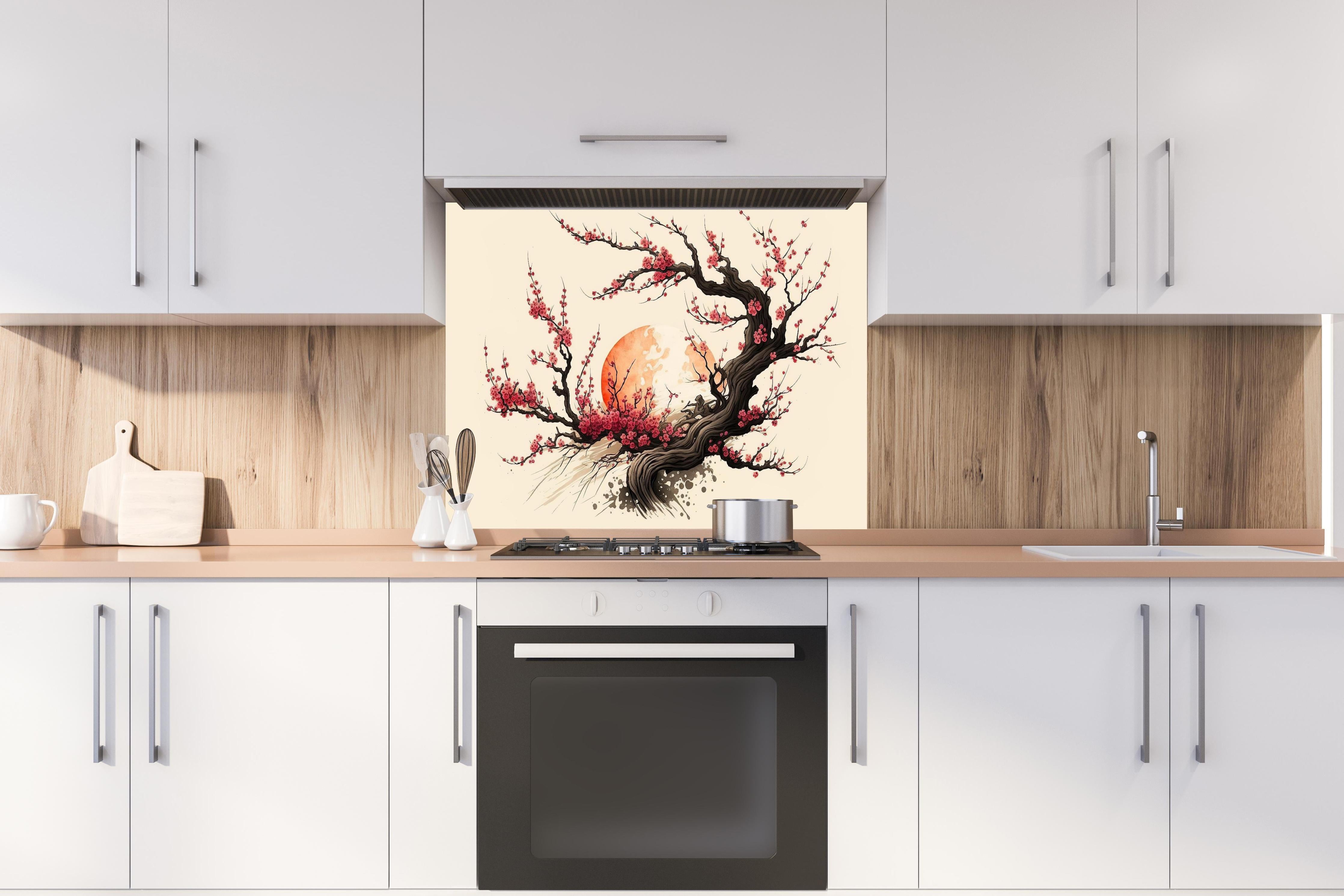 Spritzschutz - Sakura Kirschblüten Aquarell Ink Art hinter einem Cerankochfeld zwischen Holz-Kochutensilien
