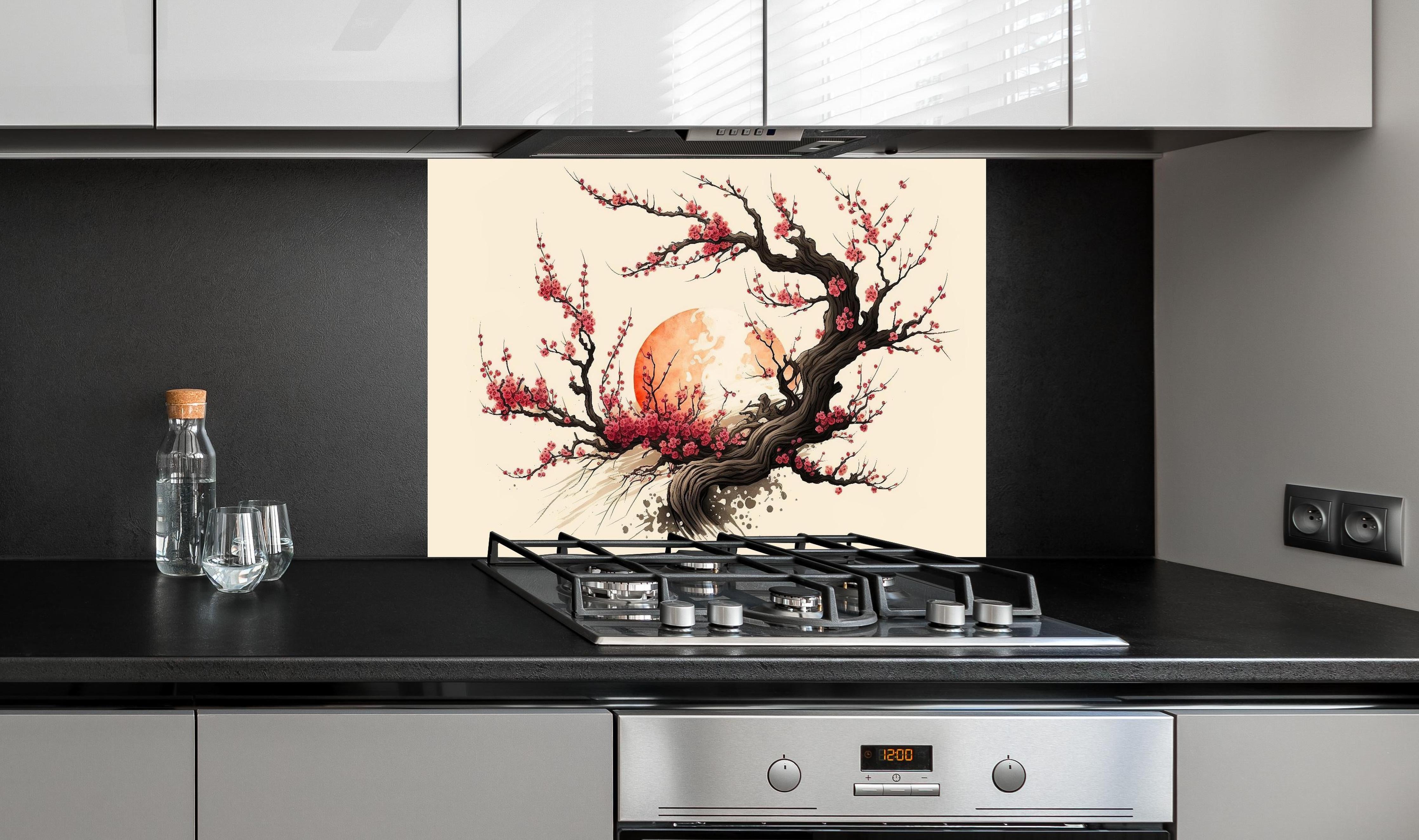 Spritzschutz - Sakura Kirschblüten Aquarell Ink Art hinter einem Cerankochfeld zwischen Holz-Kochutensilien
