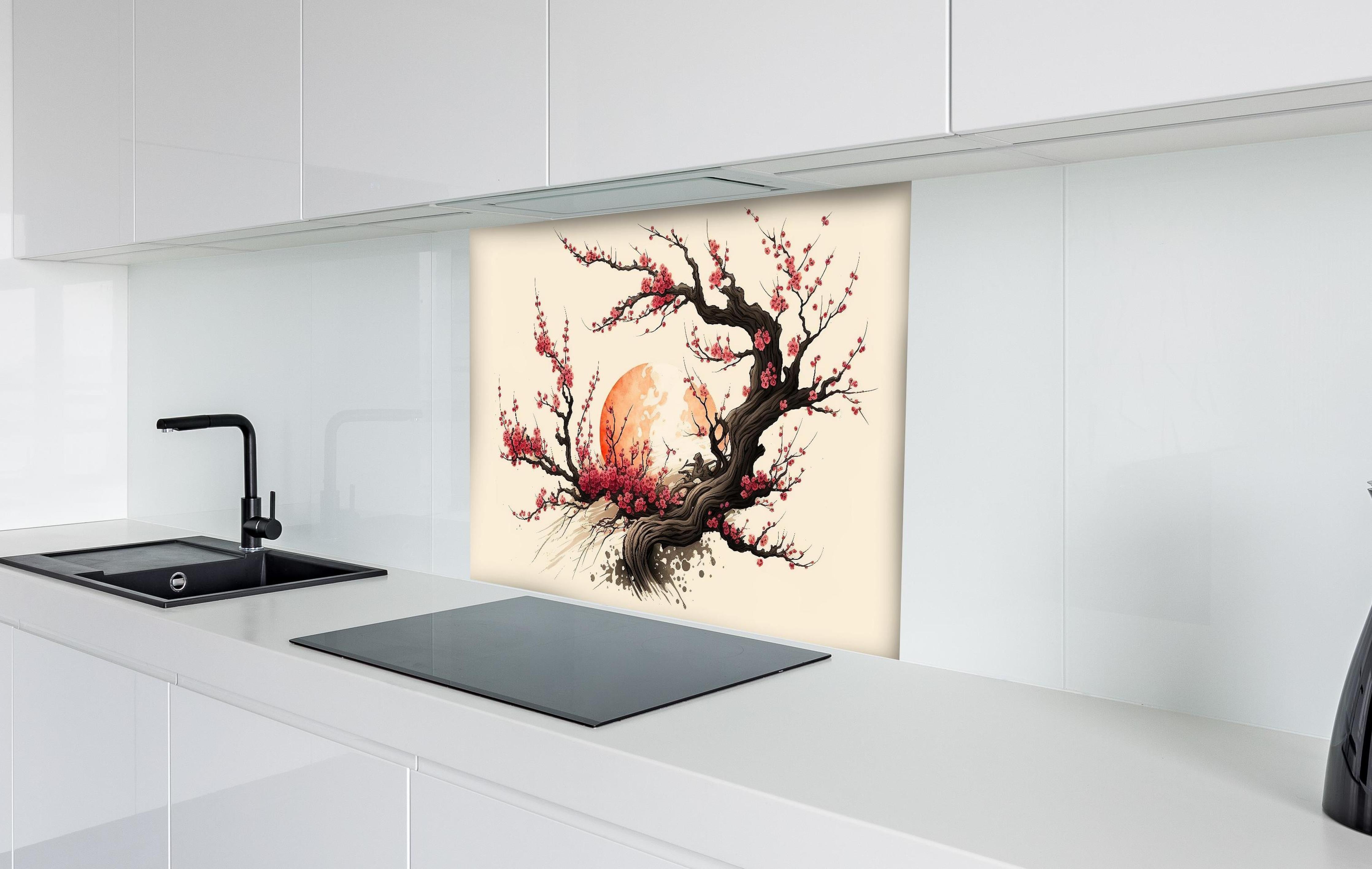 Spritzschutz - Sakura Kirschblüten Aquarell Ink Art hinter einem Cerankochfeld zwischen Holz-Kochutensilien
