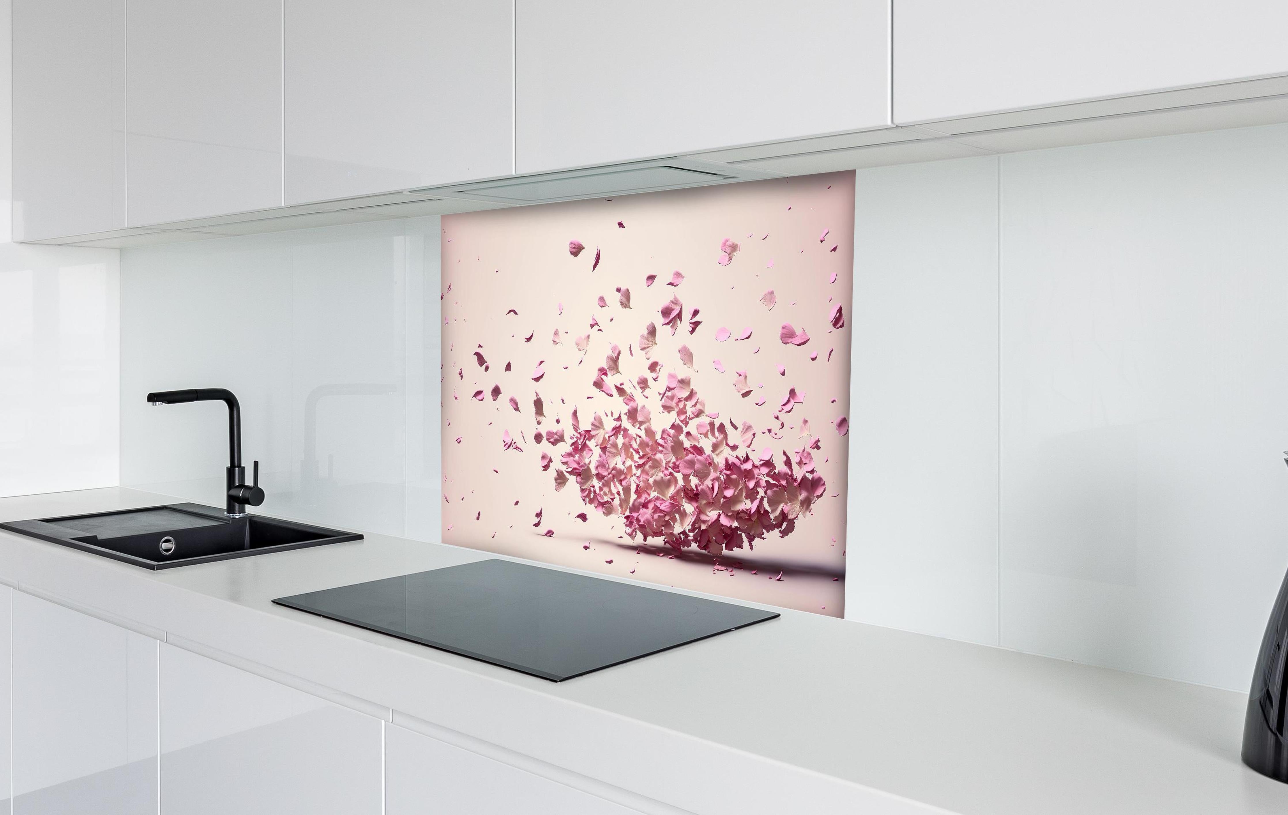 Spritzschutz - Sakura Kirschblüten Explosion in Pastellrosa hinter einem Cerankochfeld zwischen Holz-Kochutensilien

