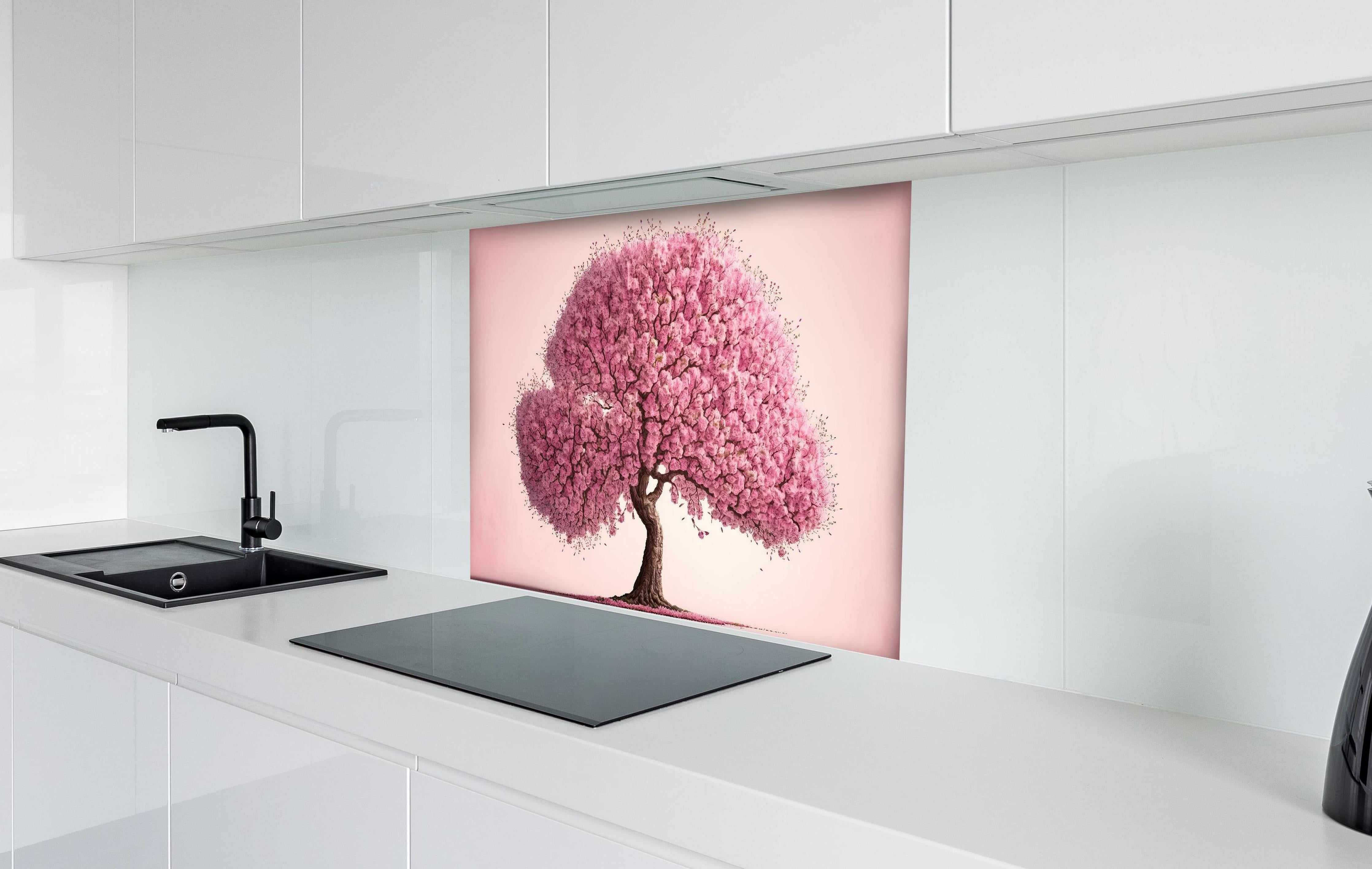 Spritzschutz - Sakura baum - KI generiert hinter einem Cerankochfeld zwischen Holz-Kochutensilien
