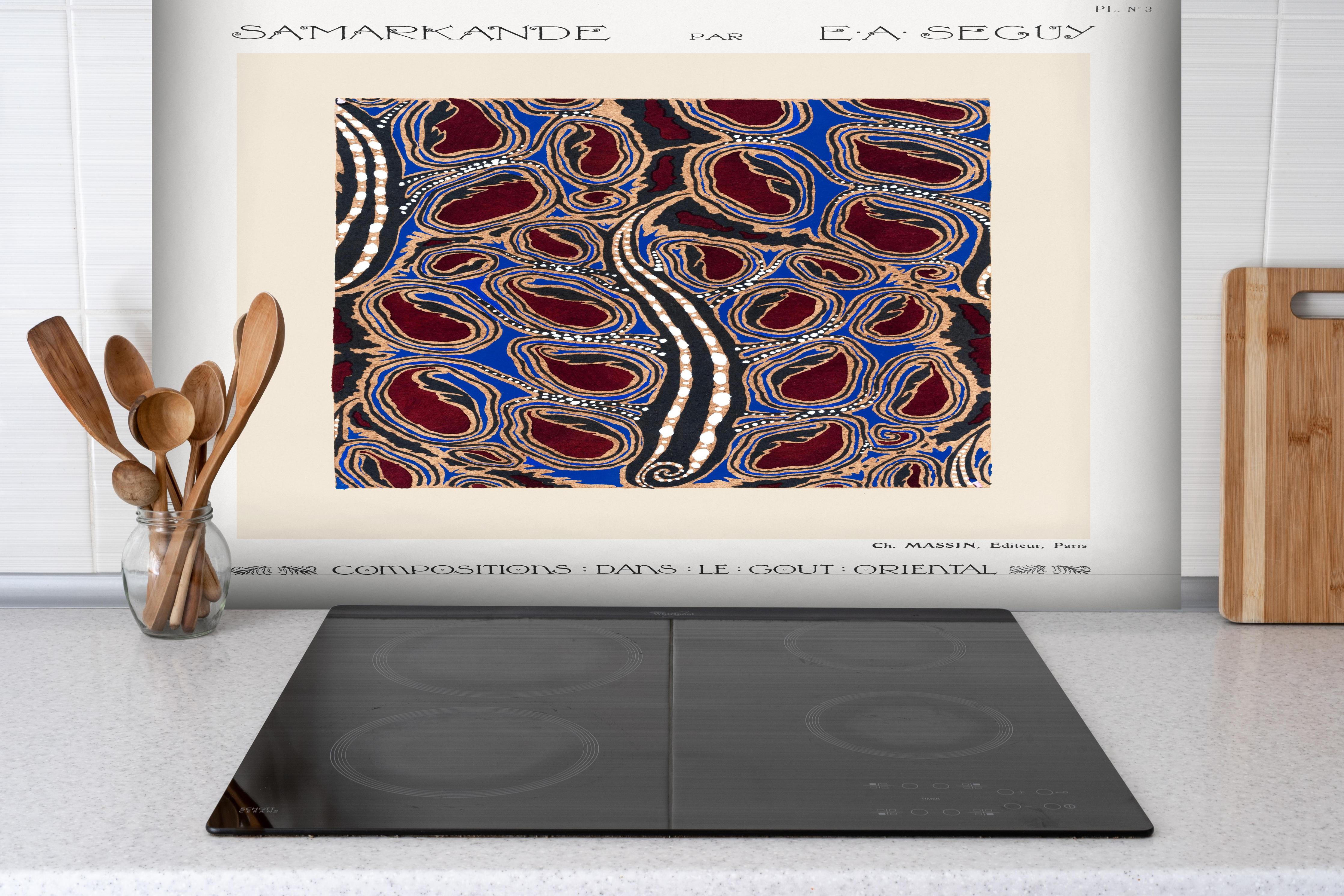 Spritzschutz - Samarkande - abstraktes Gemälde hinter einem Cerankochfeld zwischen Holz-Kochutensilien
