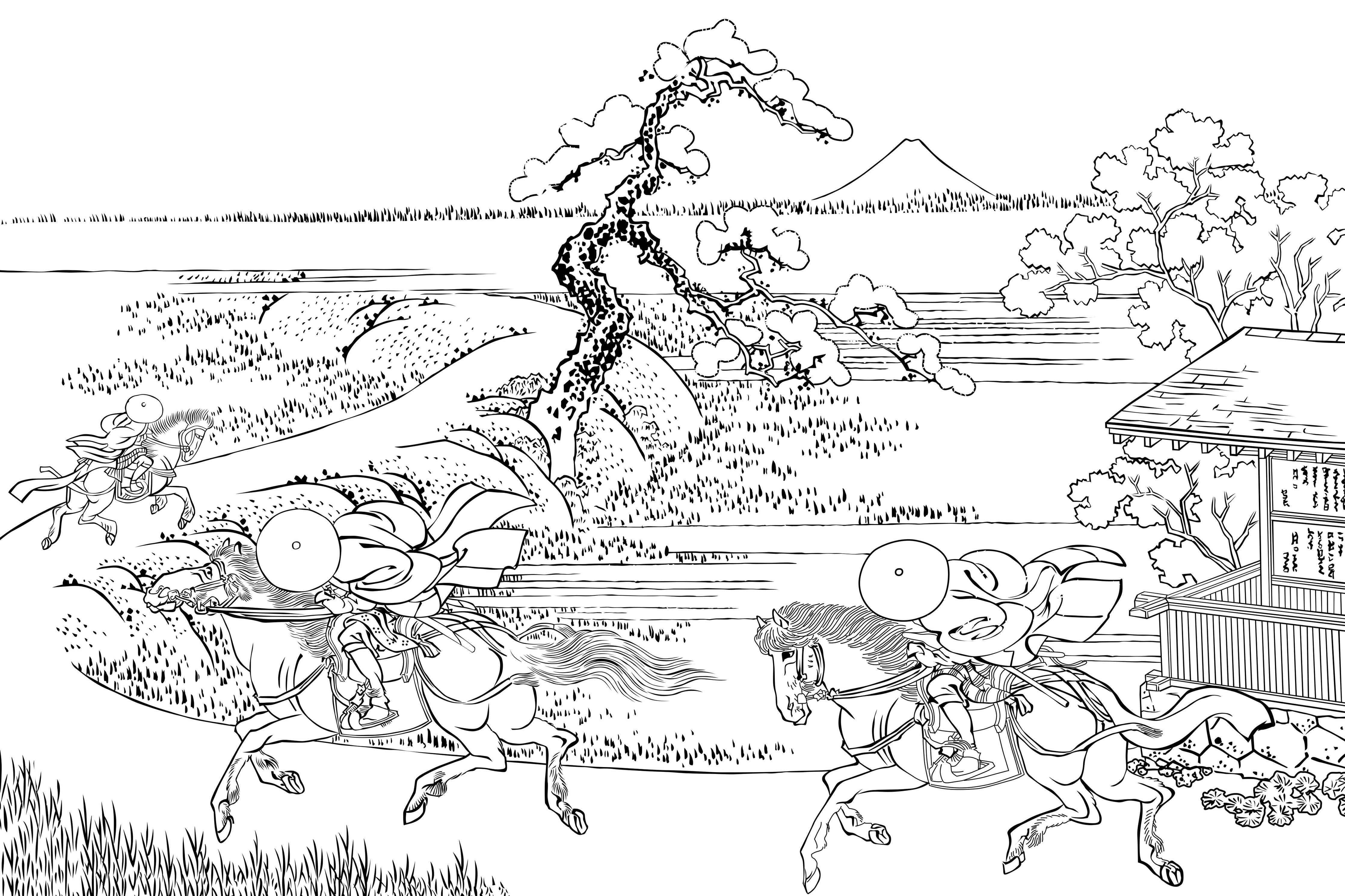 Spritzschutz-Samurai-Duell Tuschezeichnung Panorama