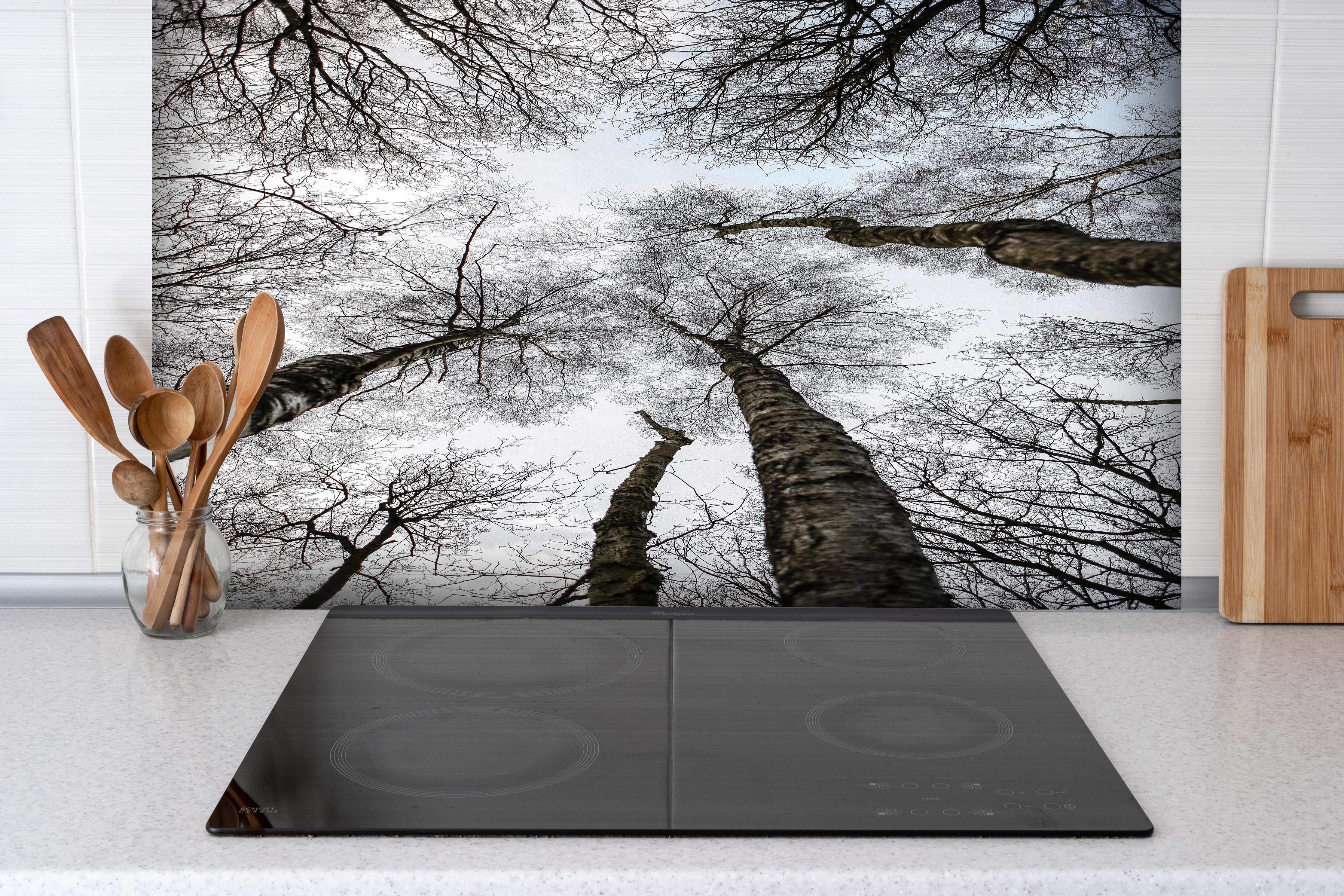 Spritzschutz - Schnee Wald hinter einem Cerankochfeld zwischen Holz-Kochutensilien
