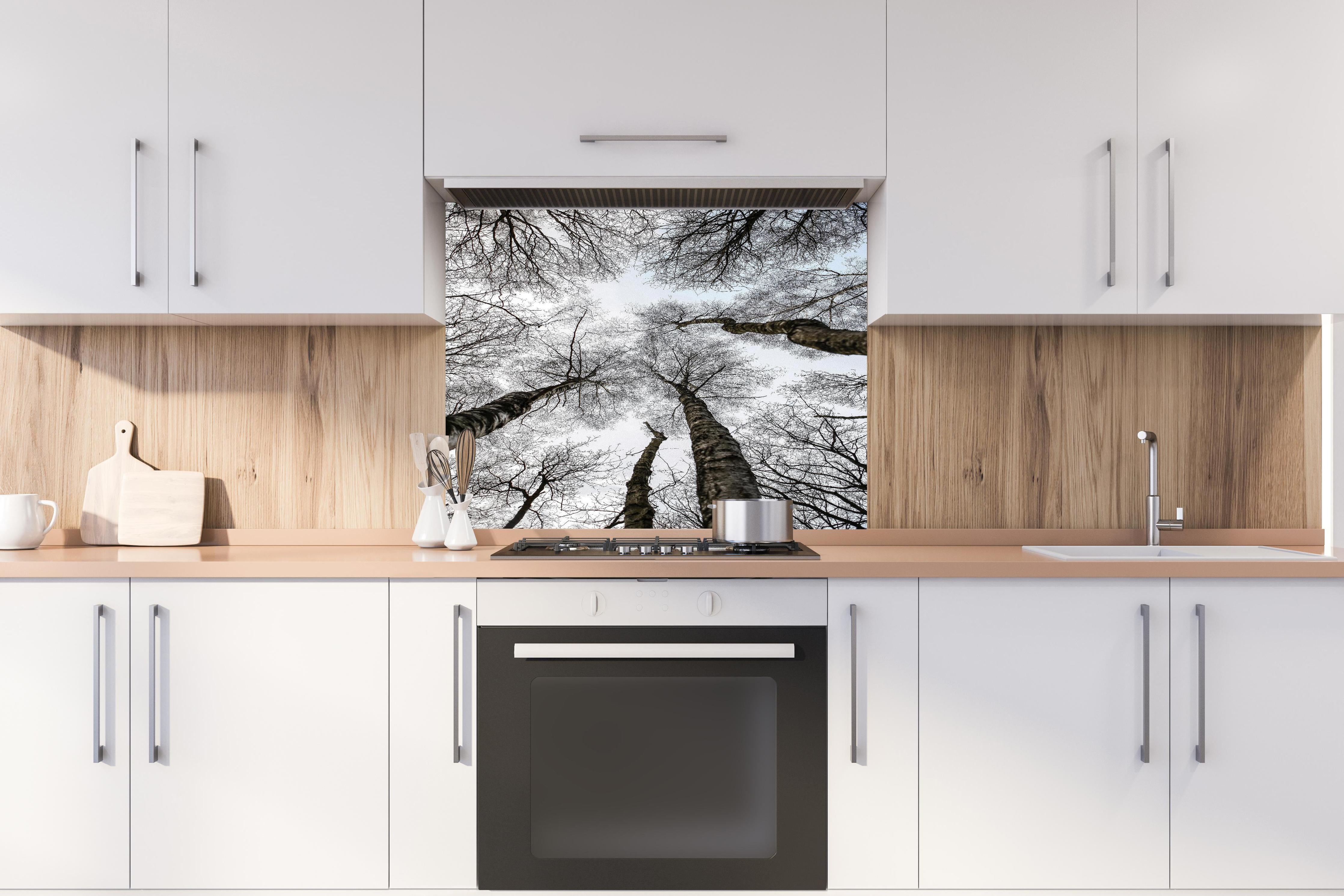 Spritzschutz - Schnee Wald hinter einem Cerankochfeld zwischen Holz-Kochutensilien
