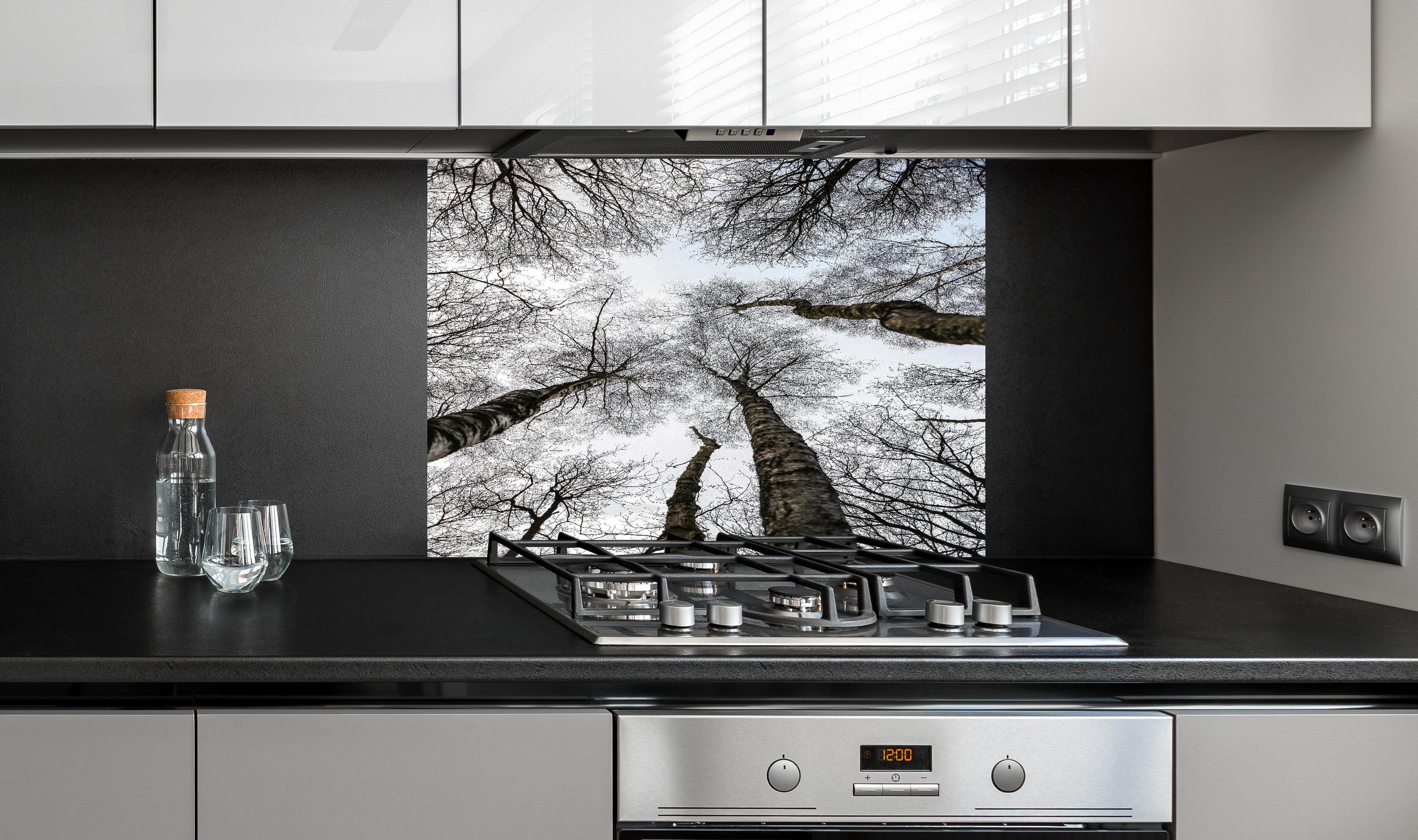 Spritzschutz - Schnee Wald hinter einem Cerankochfeld zwischen Holz-Kochutensilien
