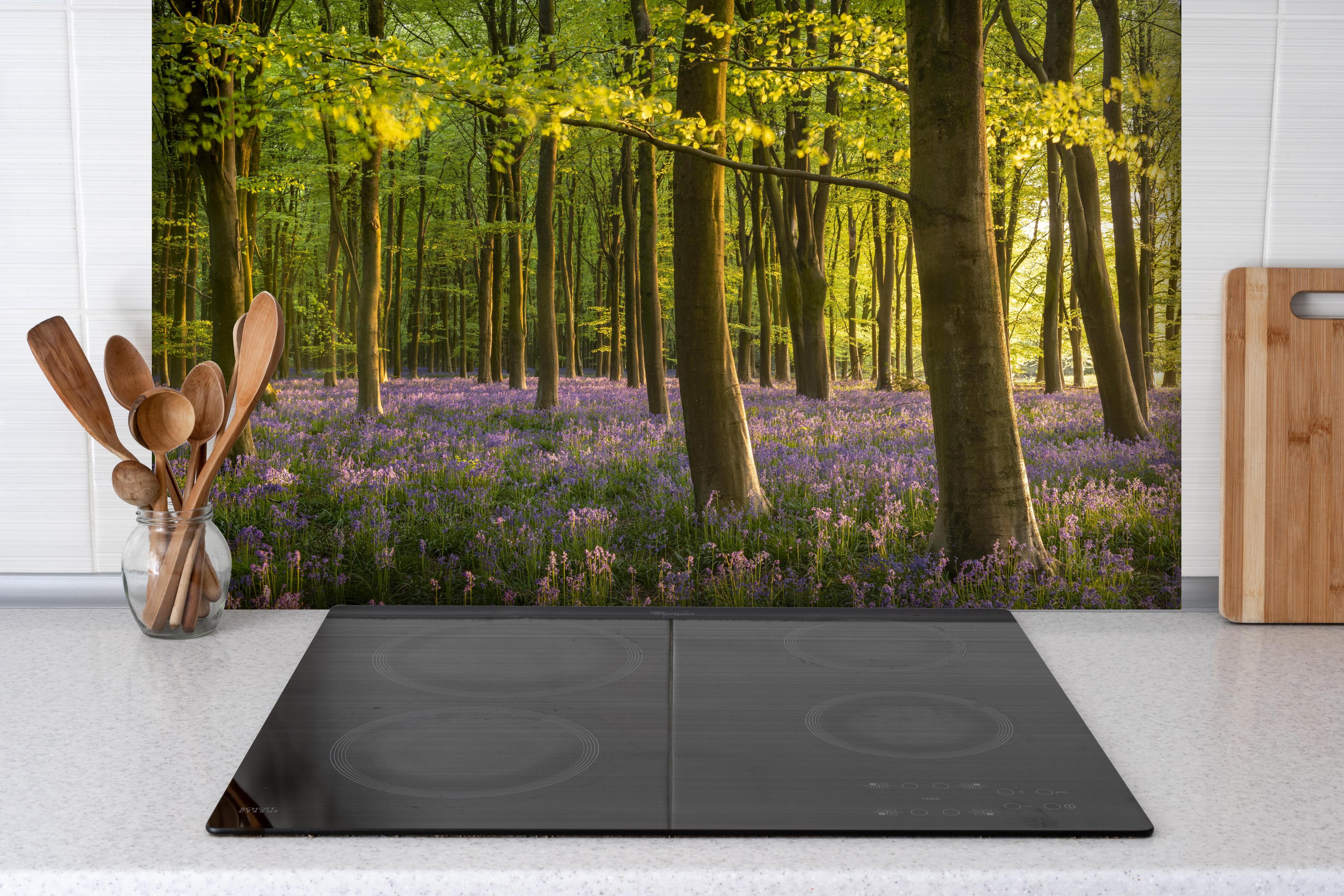 Spritzschutz - Schöner Blauglockenwald hinter einem Cerankochfeld zwischen Holz-Kochutensilien
