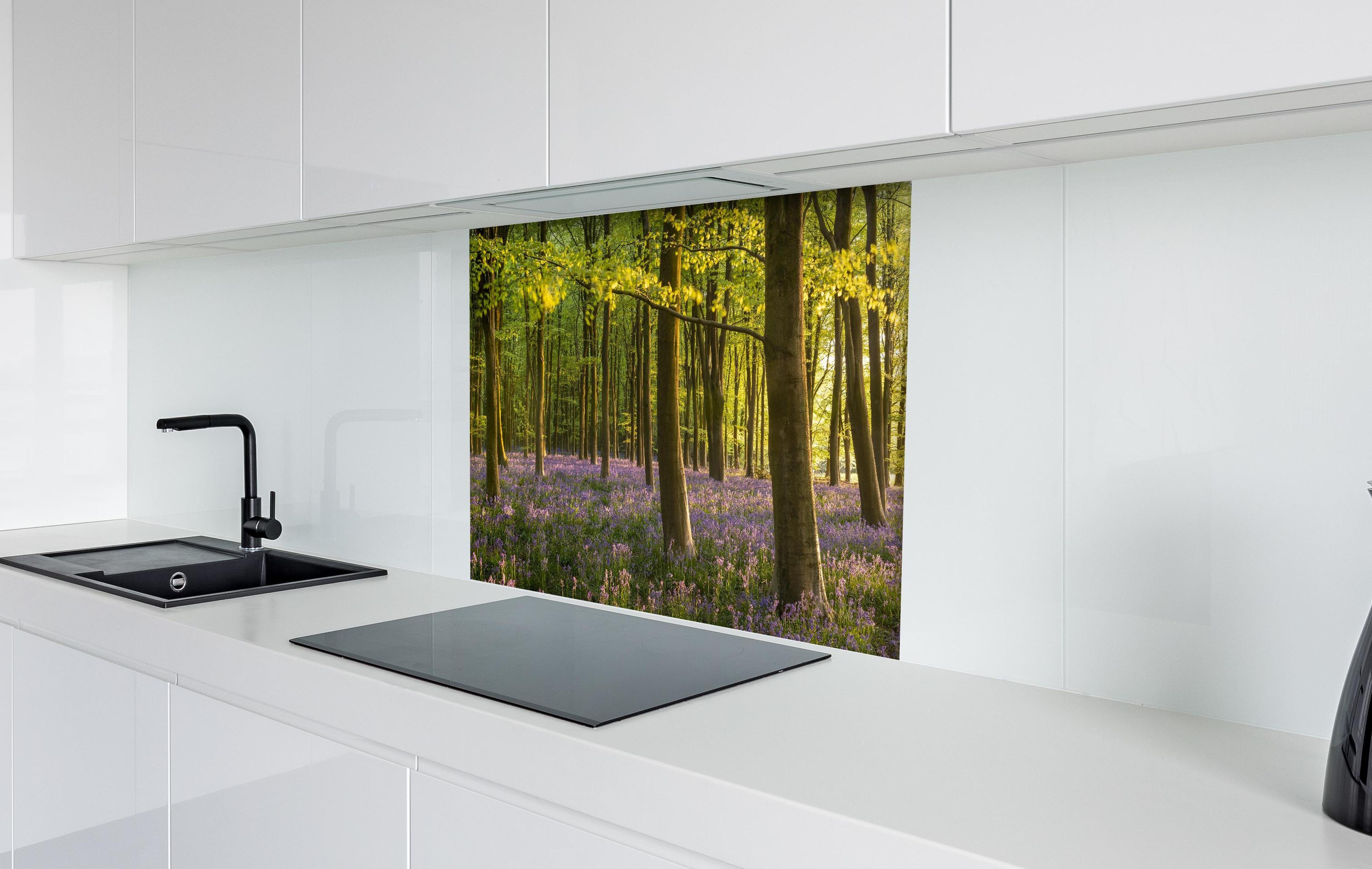 Spritzschutz - Schöner Blauglockenwald hinter einem Cerankochfeld zwischen Holz-Kochutensilien
