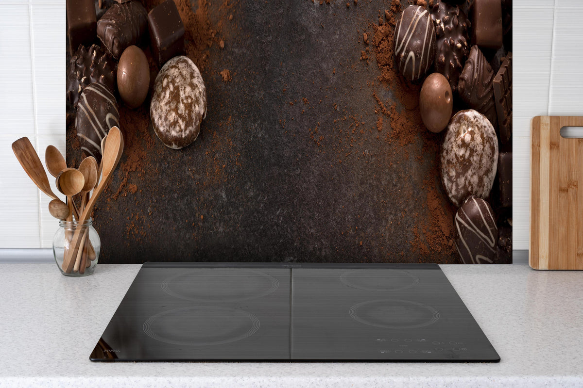 Spritzschutz - Schokoladenpralinen auf Schieferuntergrund hinter einem Cerankochfeld zwischen Holz-Kochutensilien
