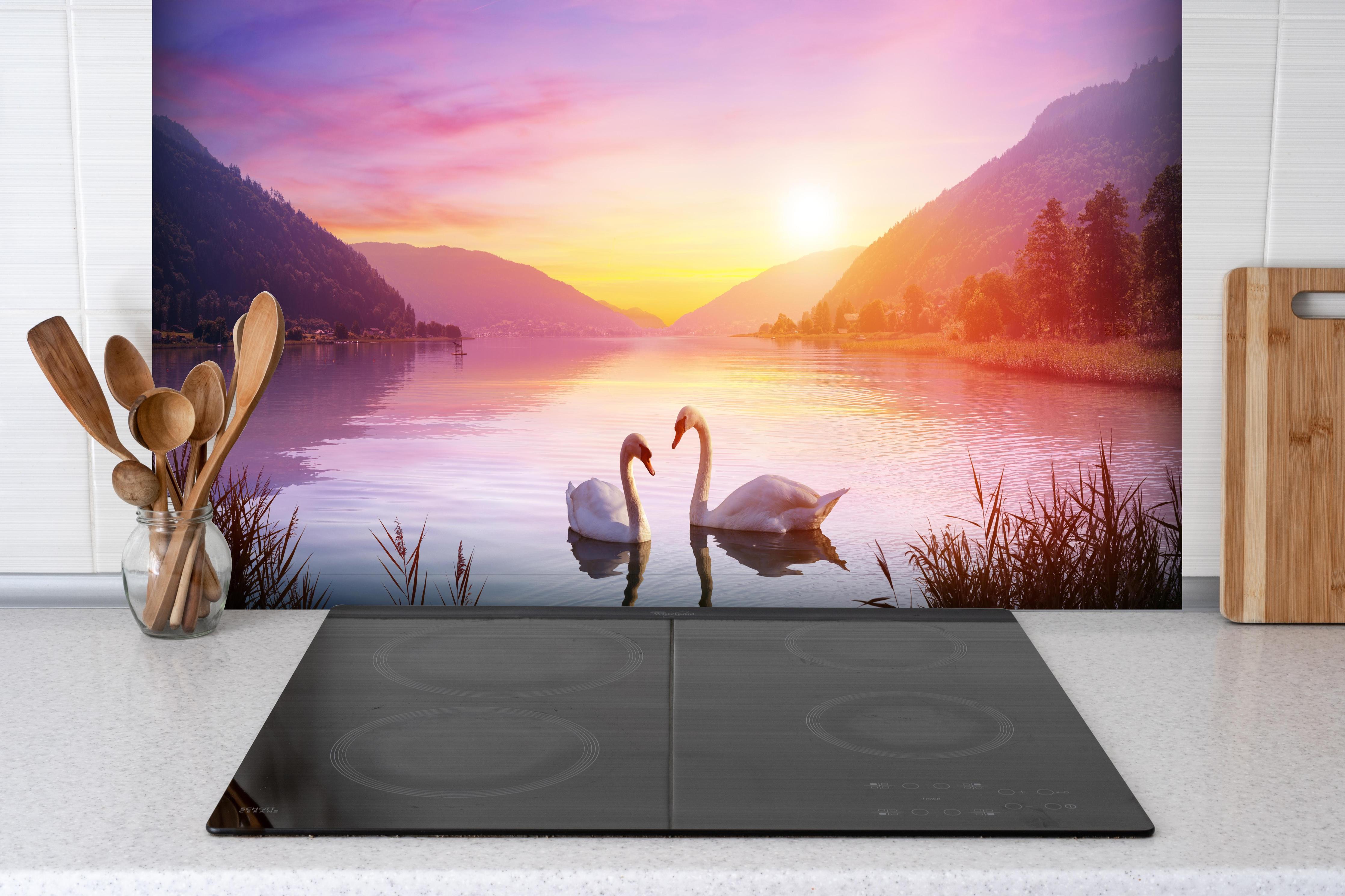 Spritzschutz - Schwäne über dem See bei Sonnenaufgang - Ruhe und Romantik hinter einem Cerankochfeld zwischen Holz-Kochutensilien
