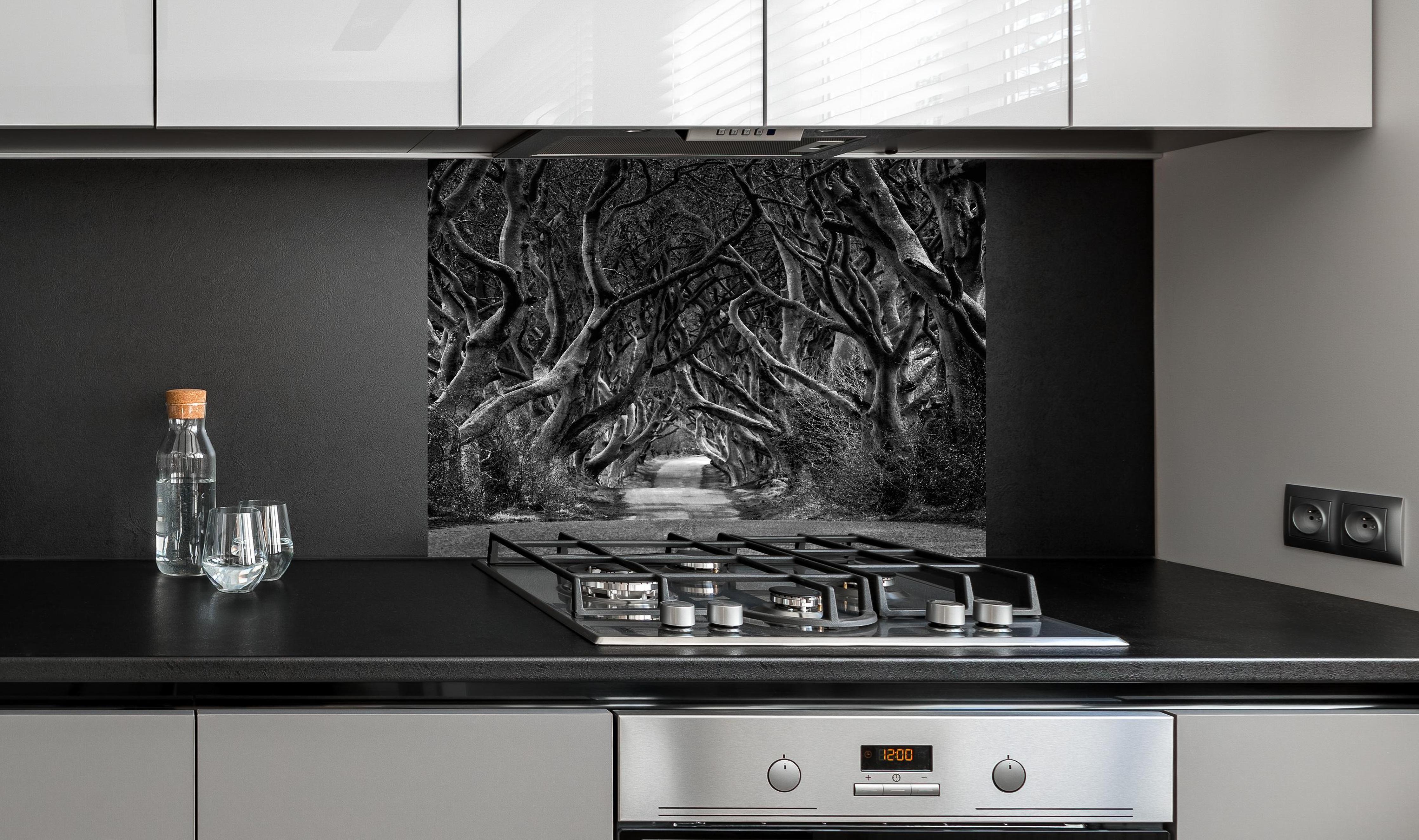 Spritzschutz - Schwarz, weißer Waldweg hinter einem Cerankochfeld zwischen Holz-Kochutensilien
