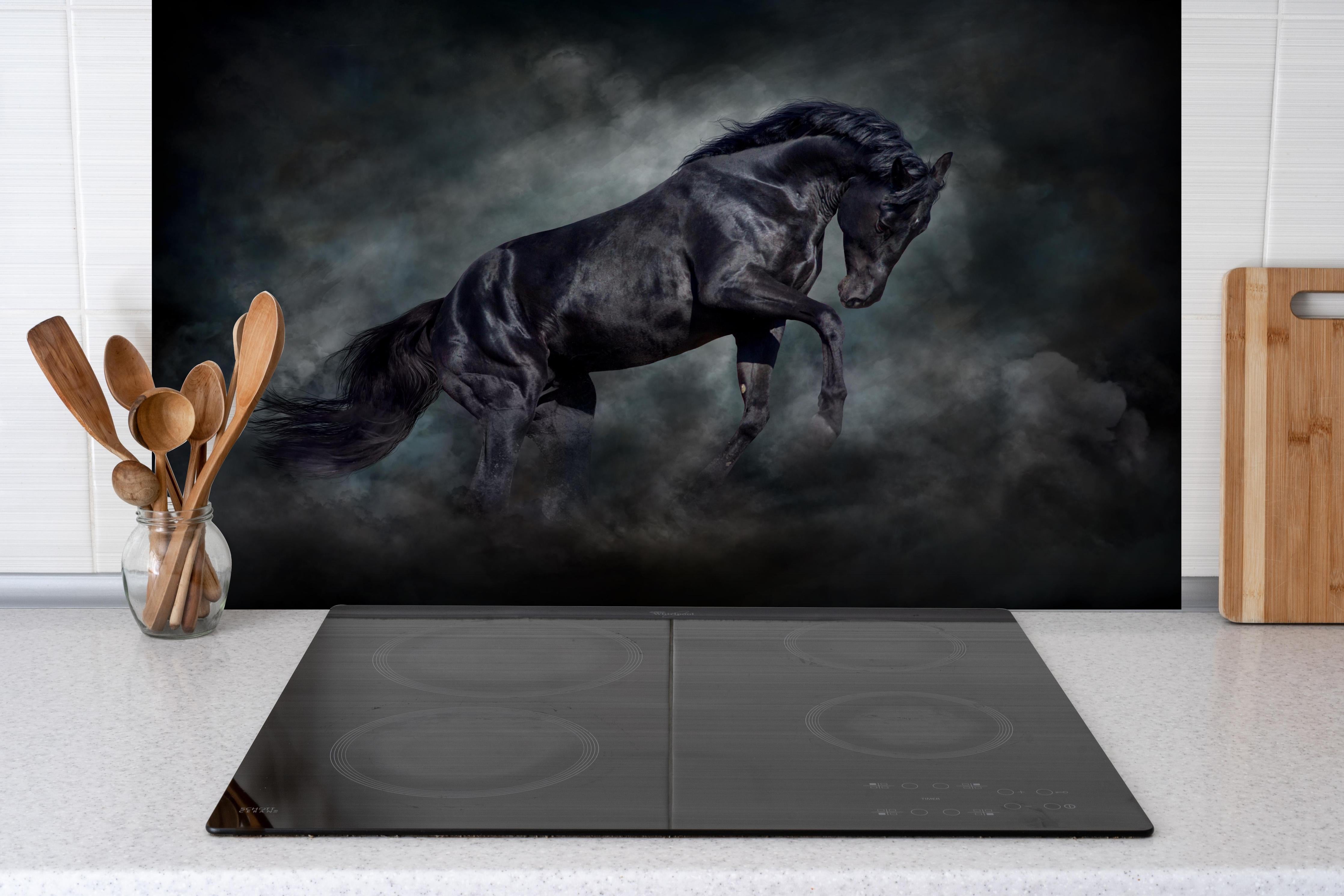 Spritzschutz - Schwarzer hengst hinter einem Cerankochfeld zwischen Holz-Kochutensilien
