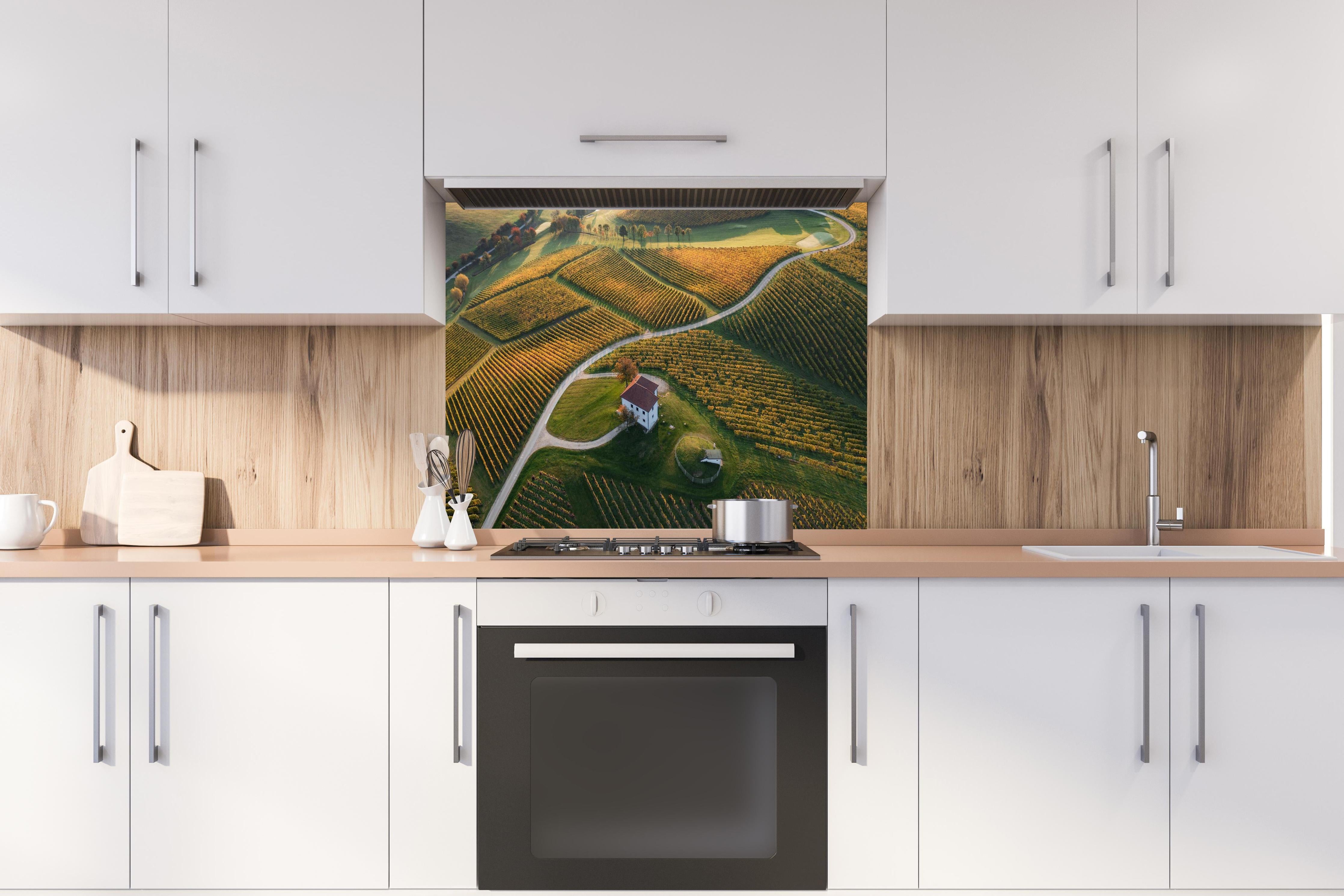 Spritzschutz - Serenes Grün-Hügellandschaft mit Farmhaus hinter einem Cerankochfeld zwischen Holz-Kochutensilien
