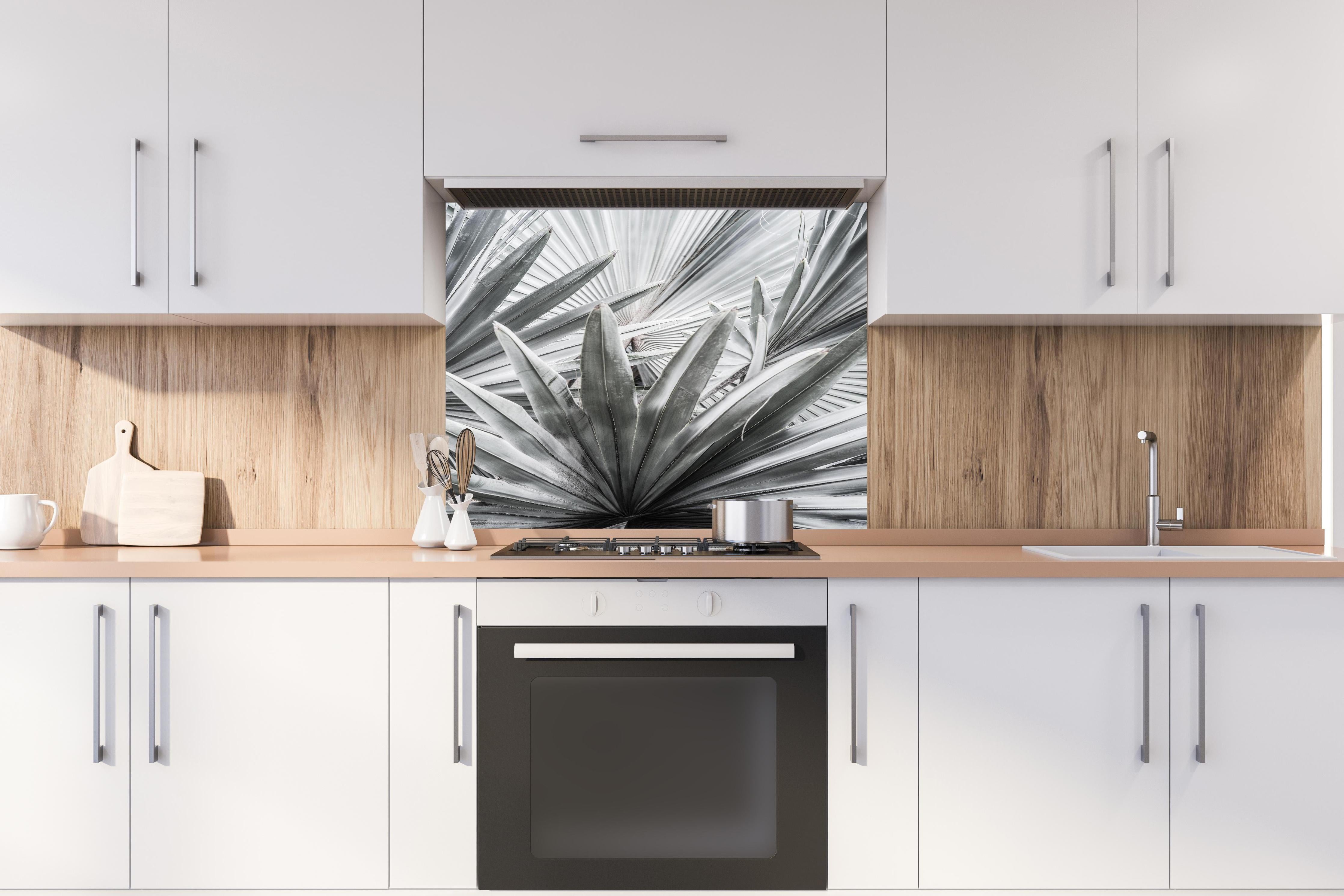 Spritzschutz - Silber-Graue Agave Pflanzenstruktur hinter einem Cerankochfeld zwischen Holz-Kochutensilien
