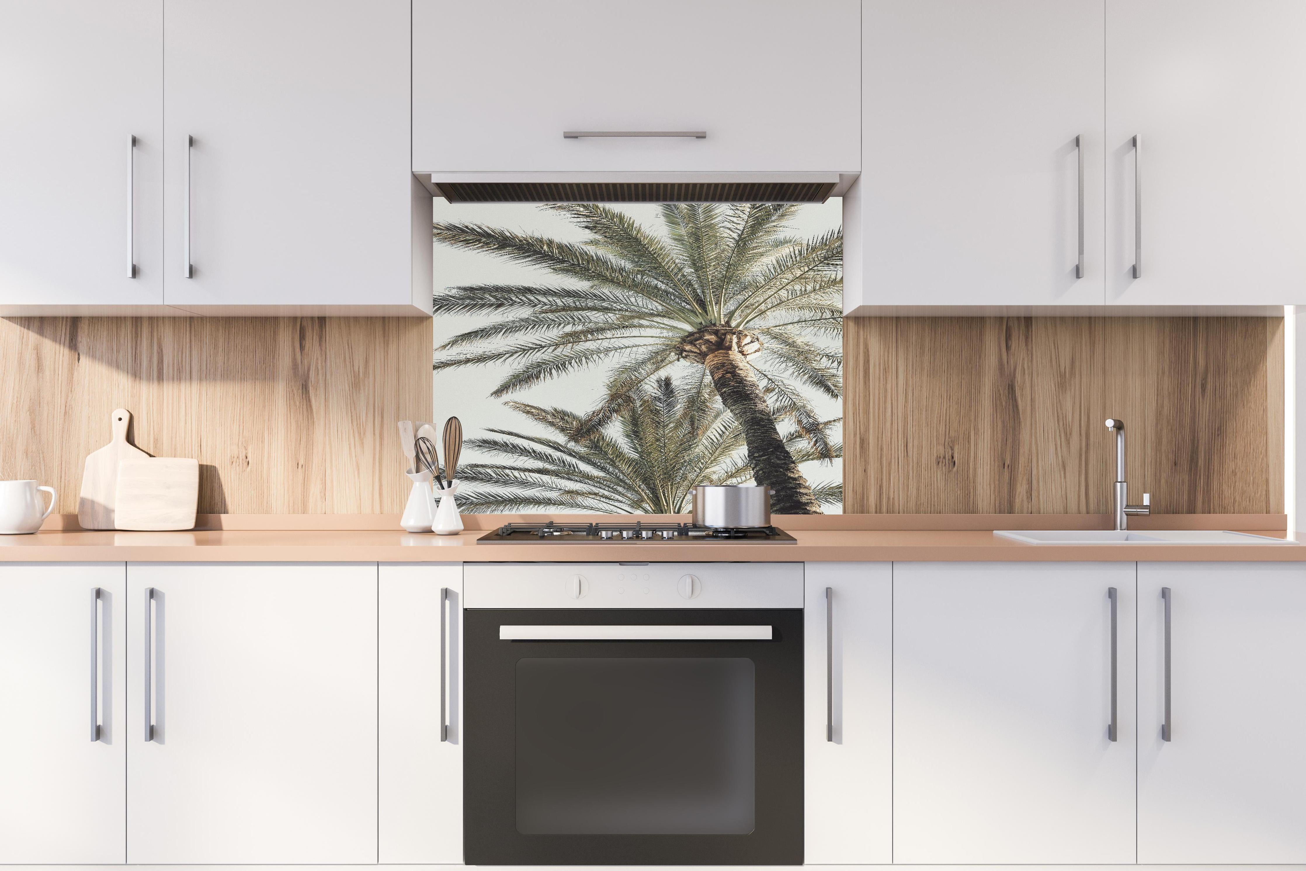 Spritzschutz - Sommerliche Palme  hinter einem Cerankochfeld zwischen Holz-Kochutensilien
