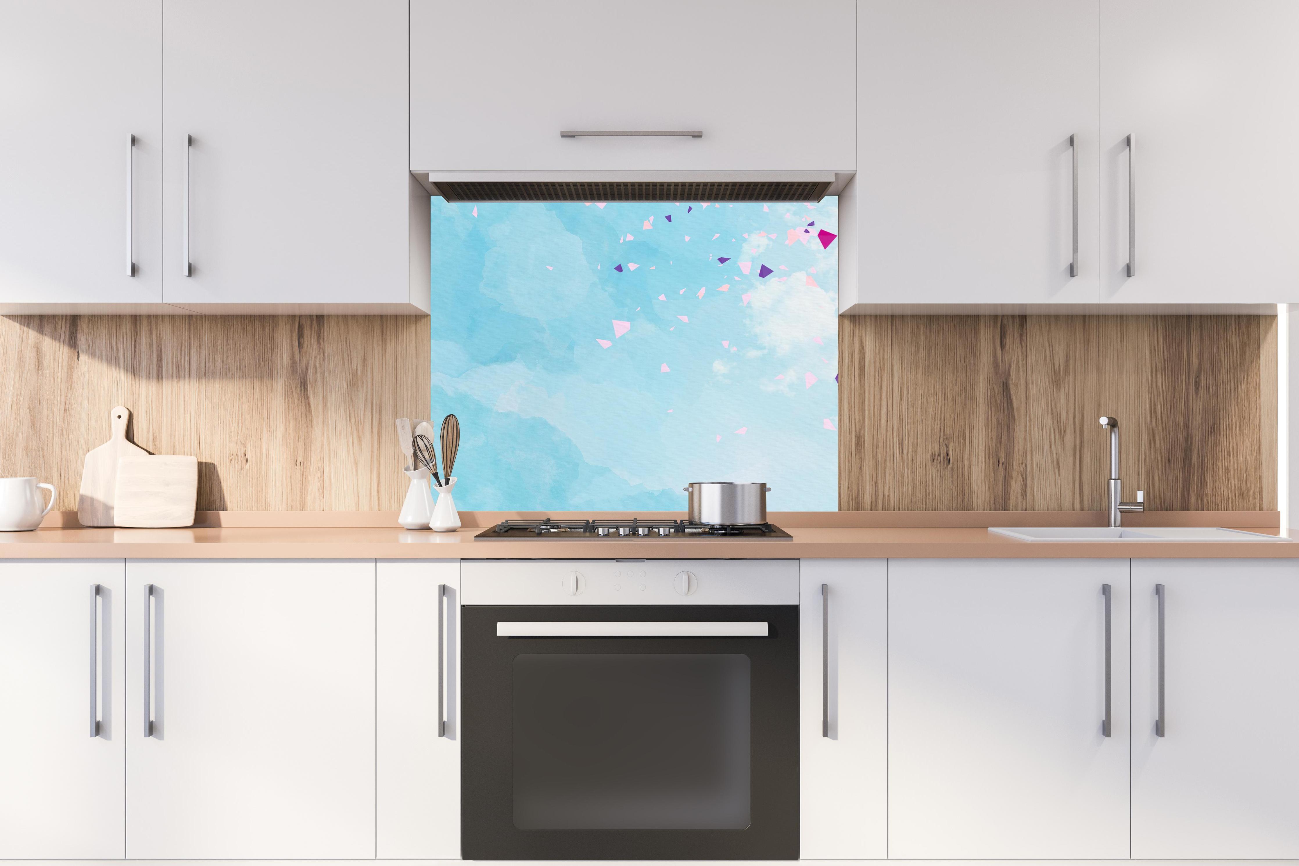 Spritzschutz -  Abstraktes frühlings Aquarell einer Frau hinter stilvollem Gasherd unter Dunstabzugshaube