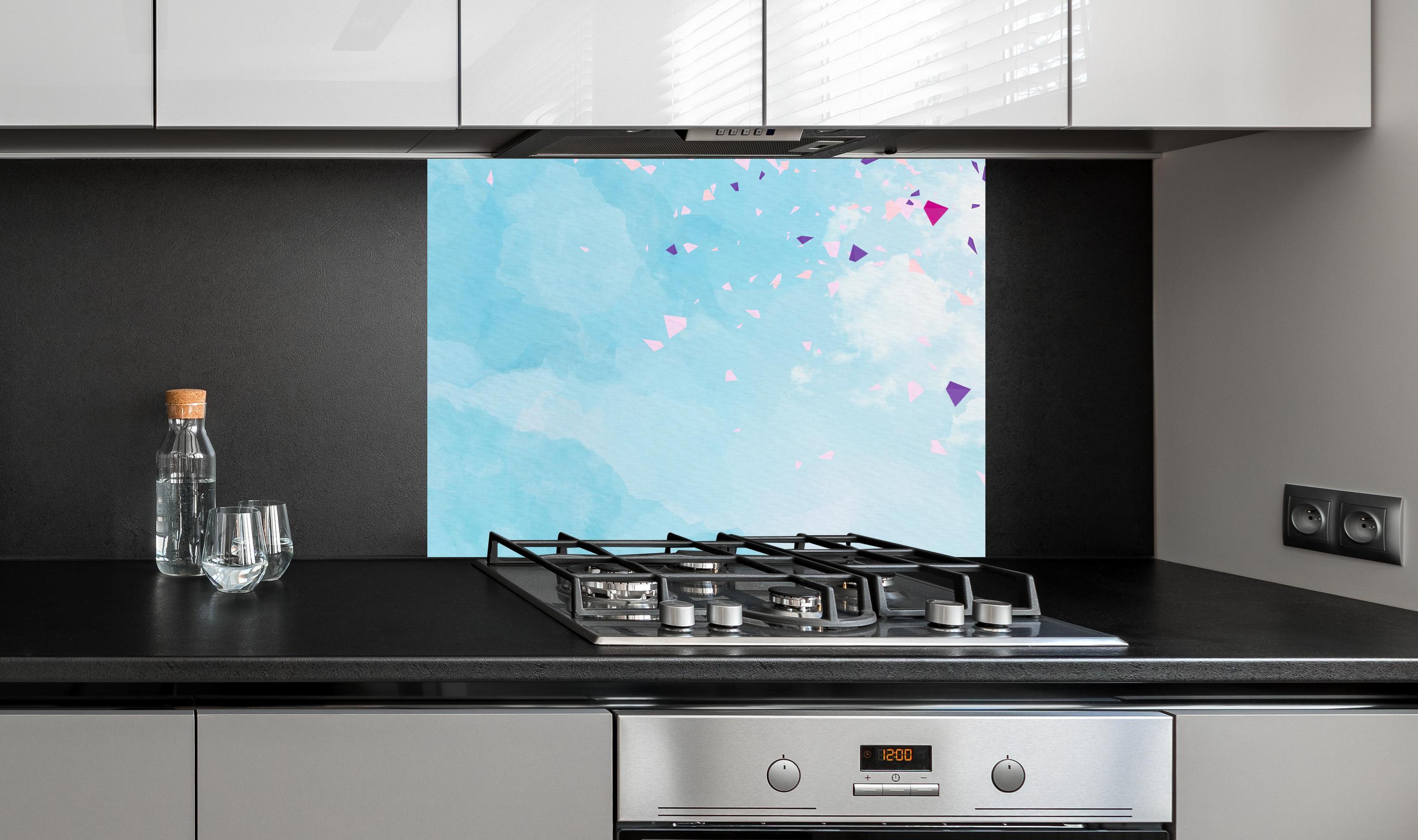 Spritzschutz -  Abstraktes frühlings Aquarell einer Frau an edler Anthrazit-Wand hinter silbernem Gasherd