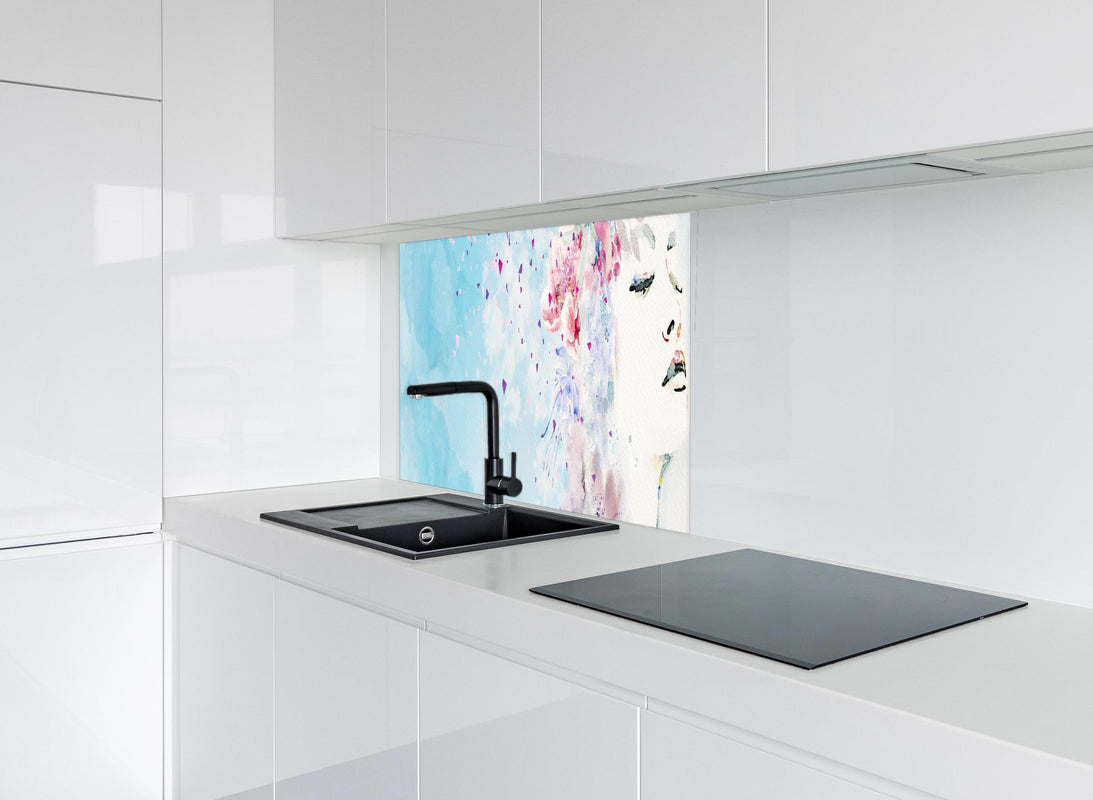 Spritzschutz -  Abstraktes frühlings Aquarell einer Frau hinter modernem schwarz-matten Spülbecken in weißer Hochglanz-Küche