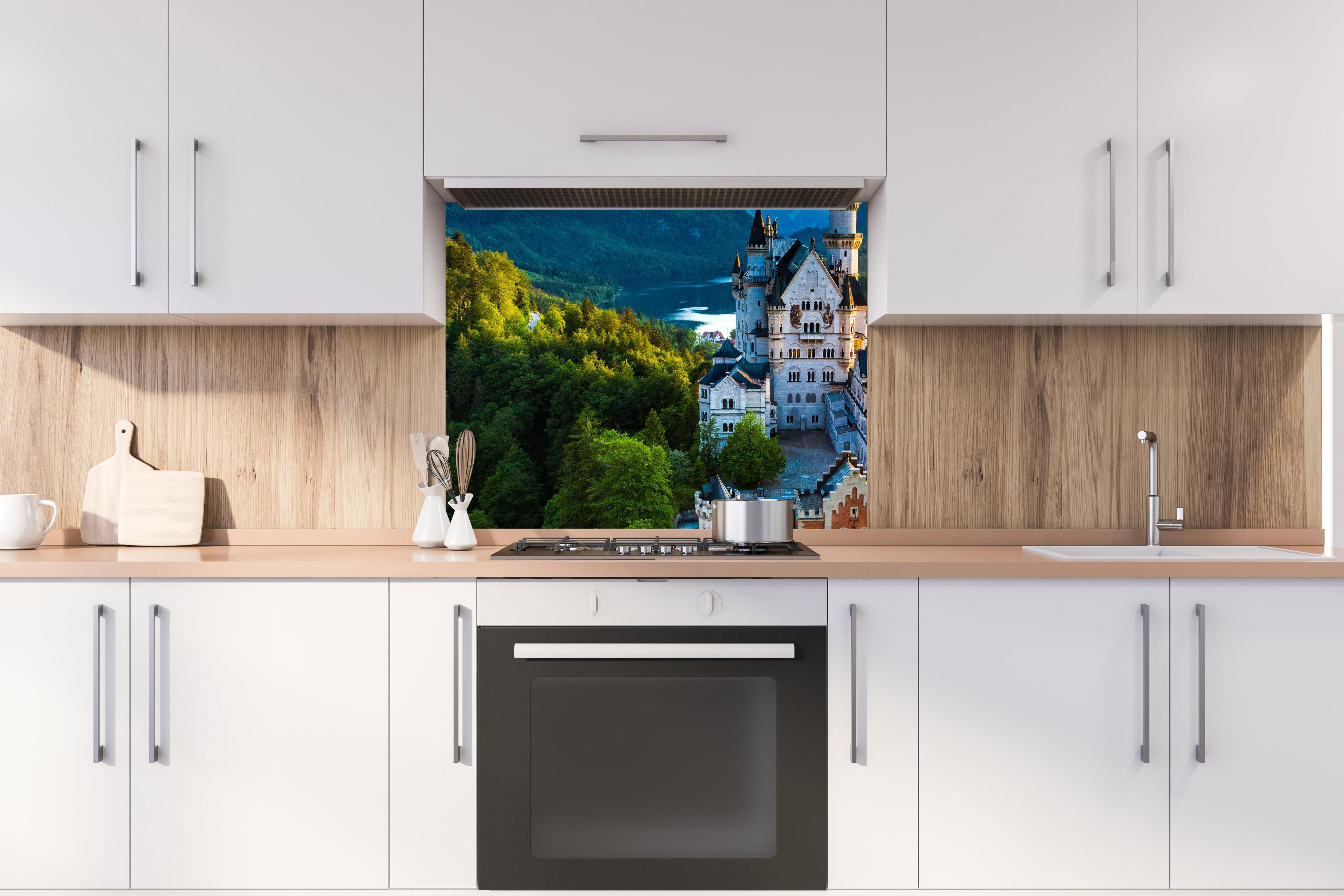 Spritzschutz -  glanzvolles Märchenschloss Neuschwanstein hinter stilvollem Gasherd unter Dunstabzugshaube