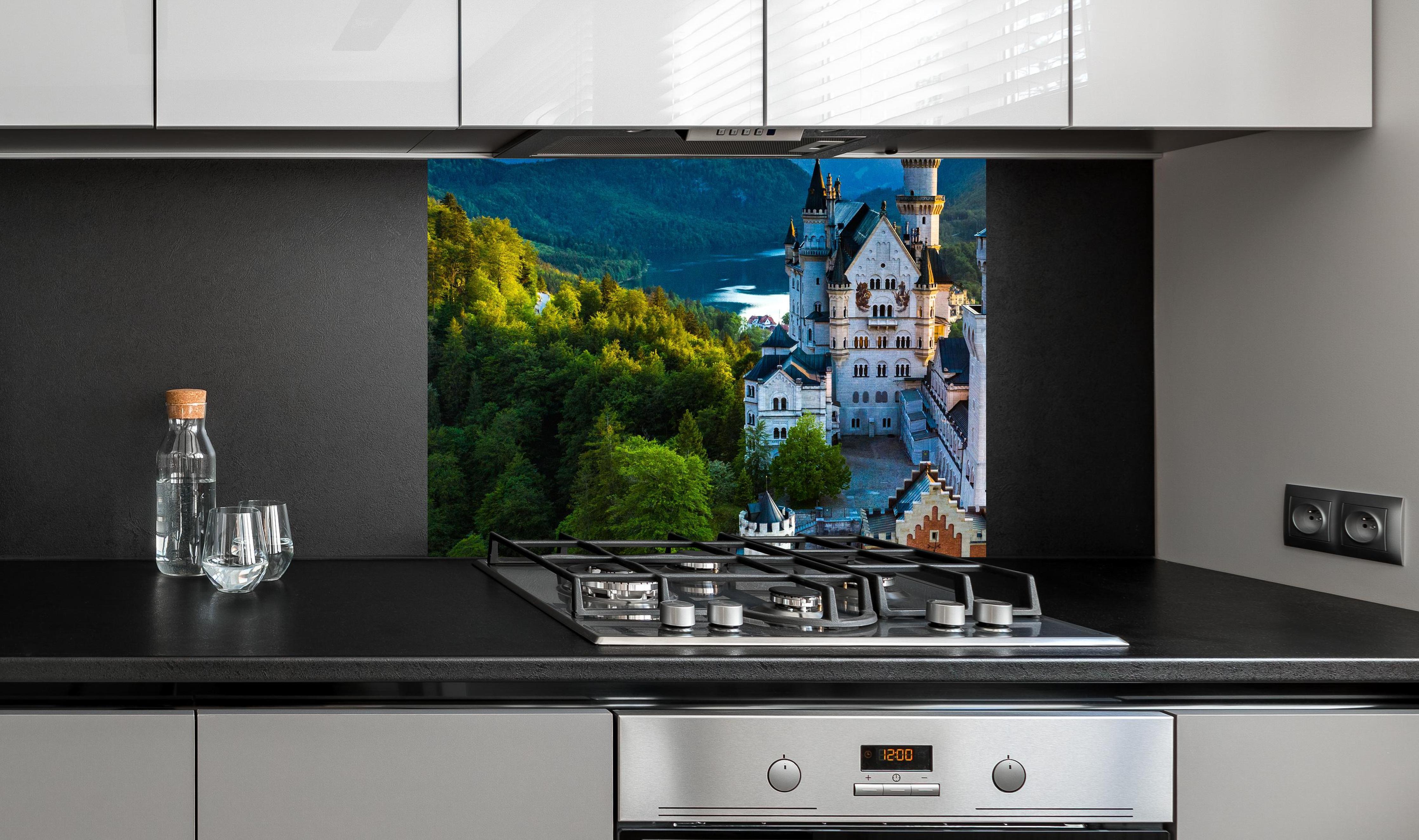 Spritzschutz -  glanzvolles Märchenschloss Neuschwanstein an edler Anthrazit-Wand hinter silbernem Gasherd