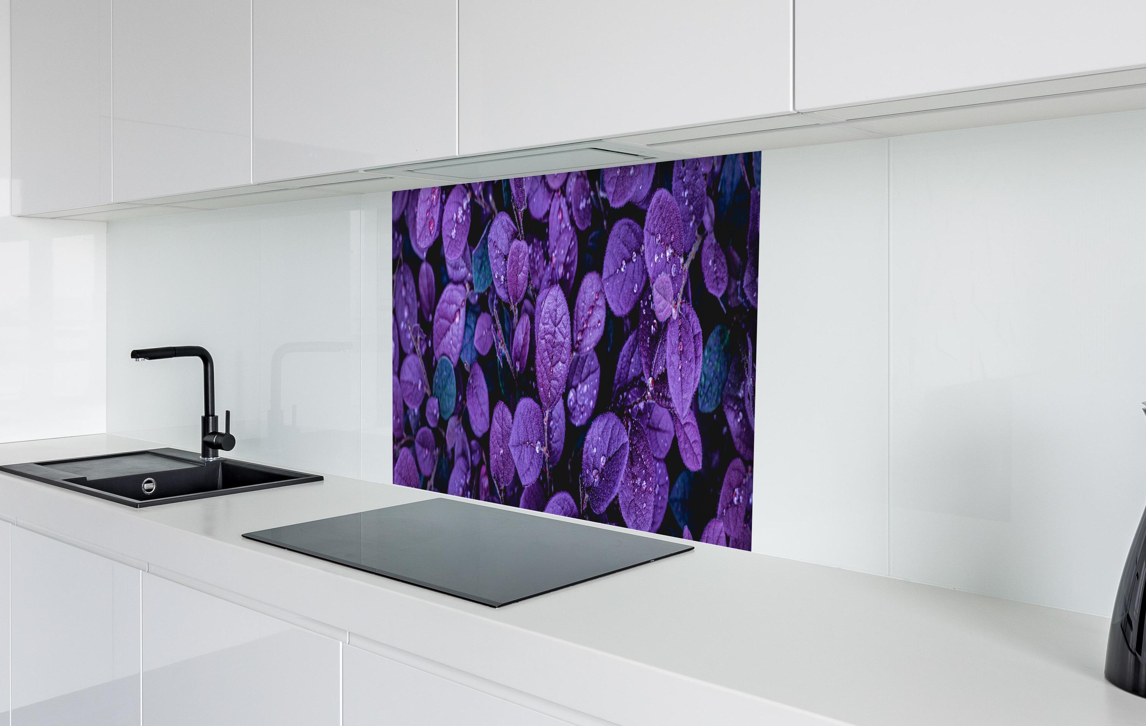 Spritzschutz - Abstrakte Lila Blätter  in weißer Hochglanz-Küche hinter einem Cerankochfeld