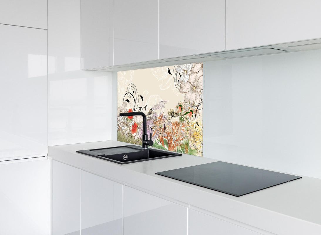 Spritzschutz - Abstrakte Vögel Natur Illustration hinter modernem schwarz-matten Spülbecken in weißer Hochglanz-Küche