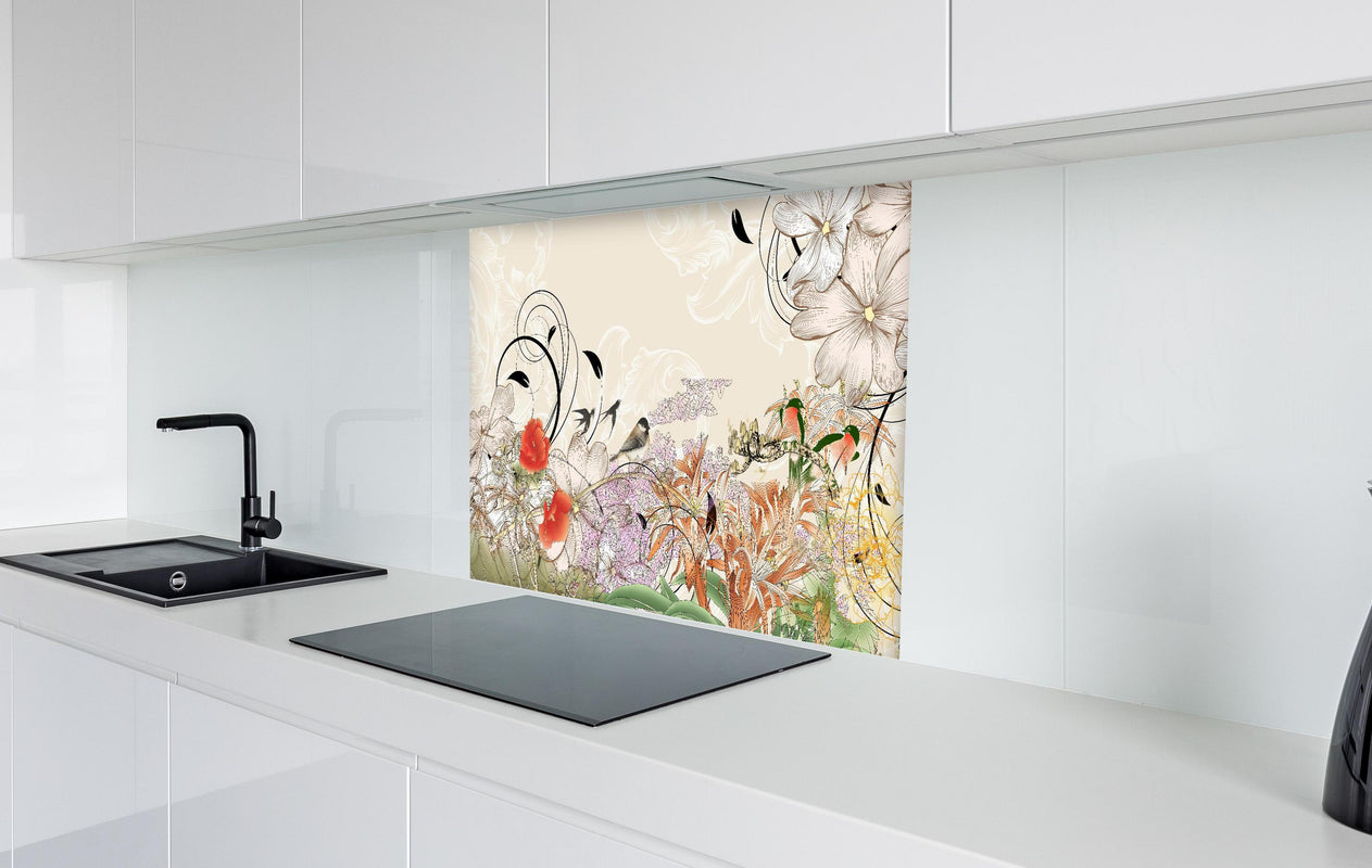 Spritzschutz - Abstrakte Vögel Natur Illustration  in weißer Hochglanz-Küche hinter einem Cerankochfeld