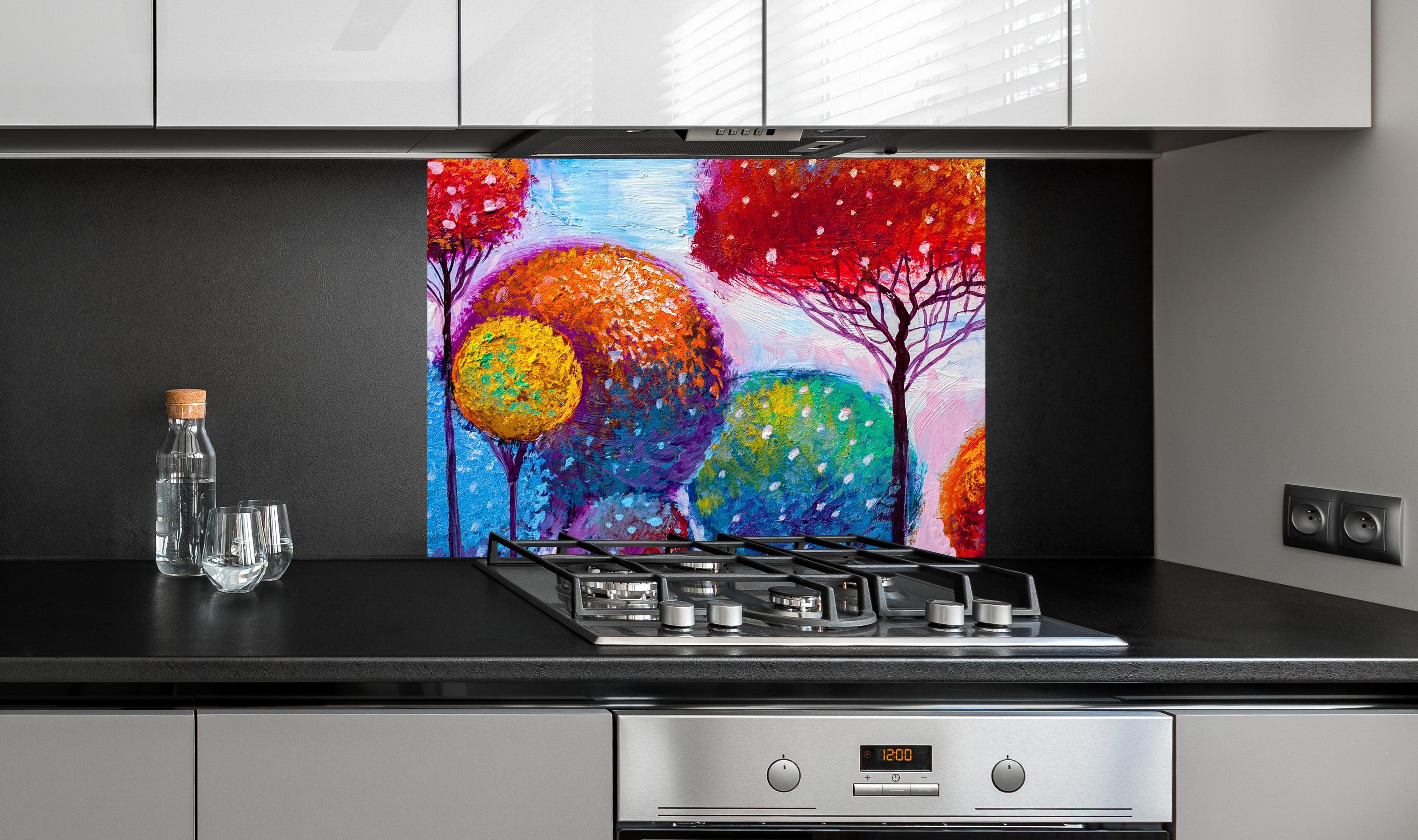 Spritzschutz - Abstrakte bunte Bäume an edler Anthrazit-Wand hinter silbernem Gasherd