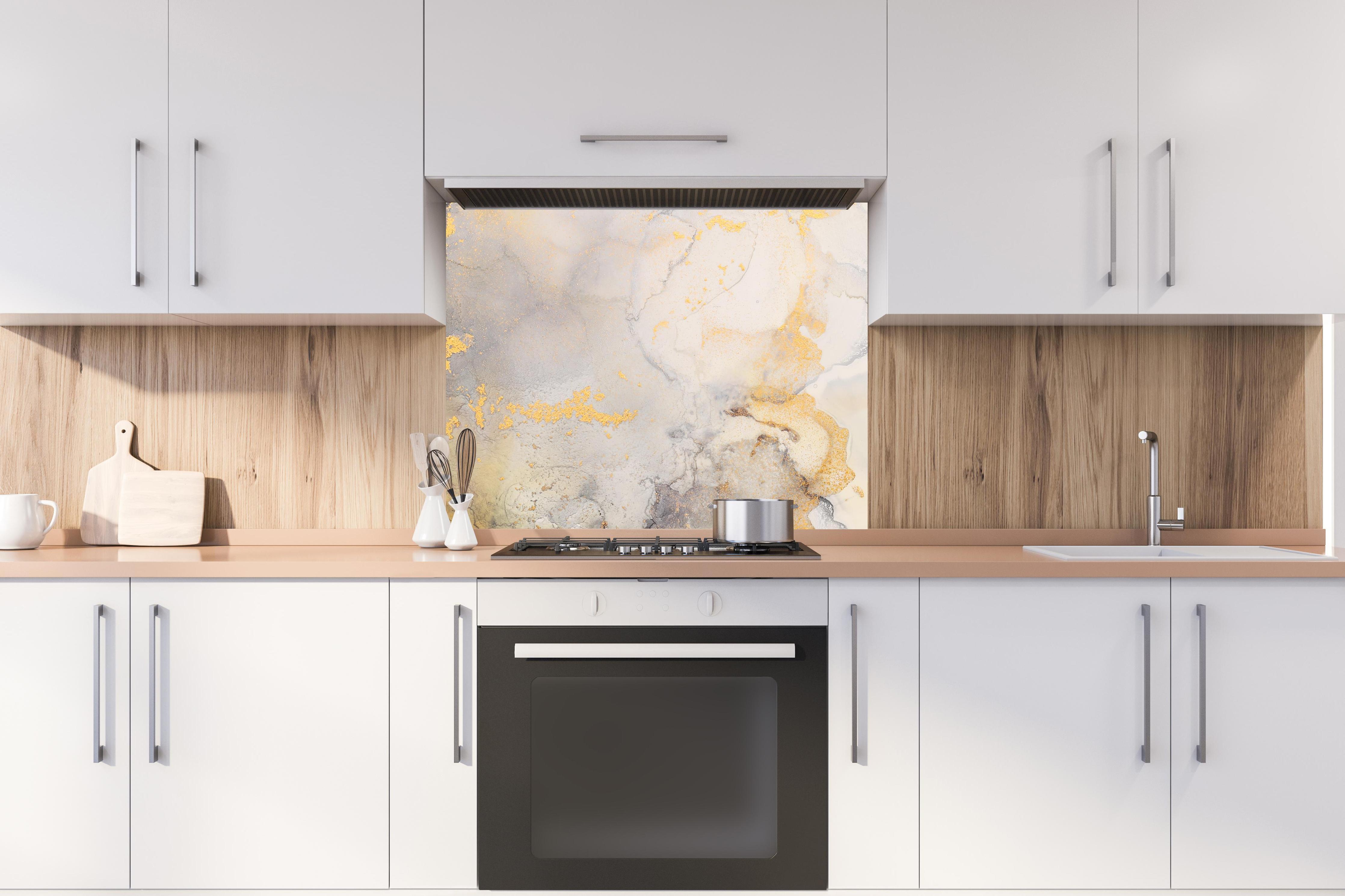 Spritzschutz - Abstrakte helle Flüssigkunstmalerei hinter stilvollem Gasherd unter Dunstabzugshaube