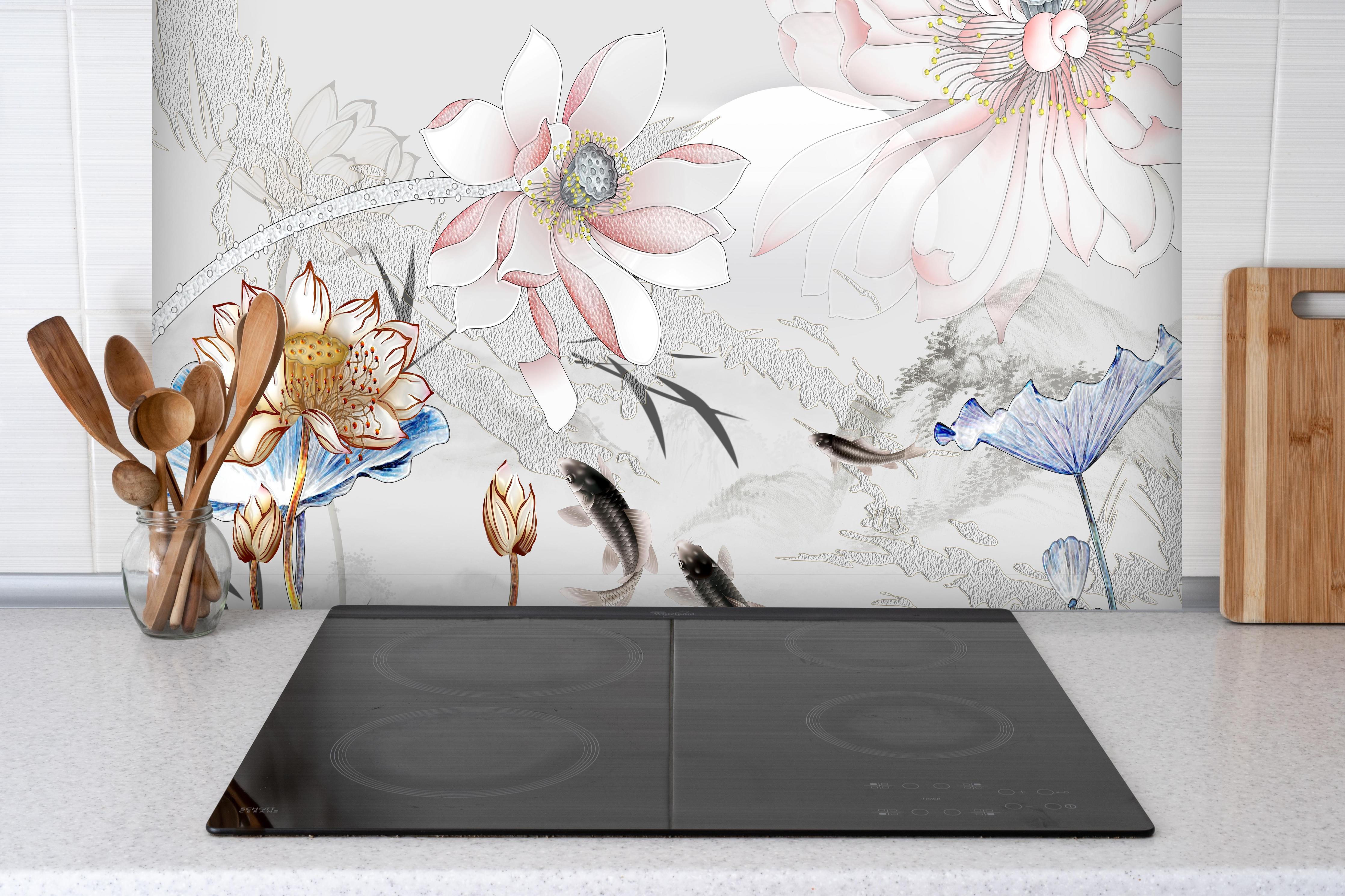 Spritzschutz - Abstrakte japanische Illustration hinter einem Cerankochfeld zwischen Holz-Kochutensilien
