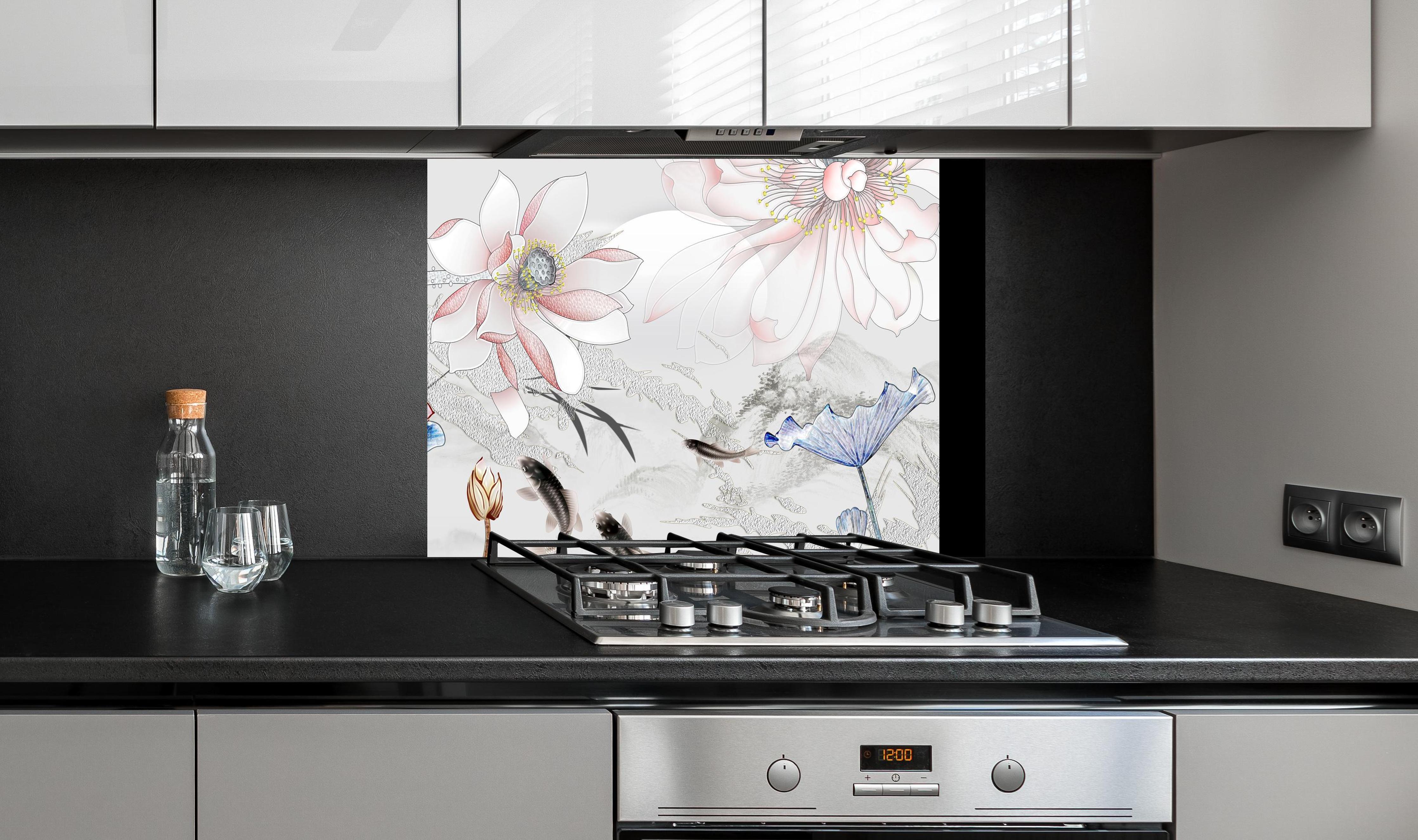 Spritzschutz - Abstrakte japanische Illustration an edler Anthrazit-Wand hinter silbernem Gasherd