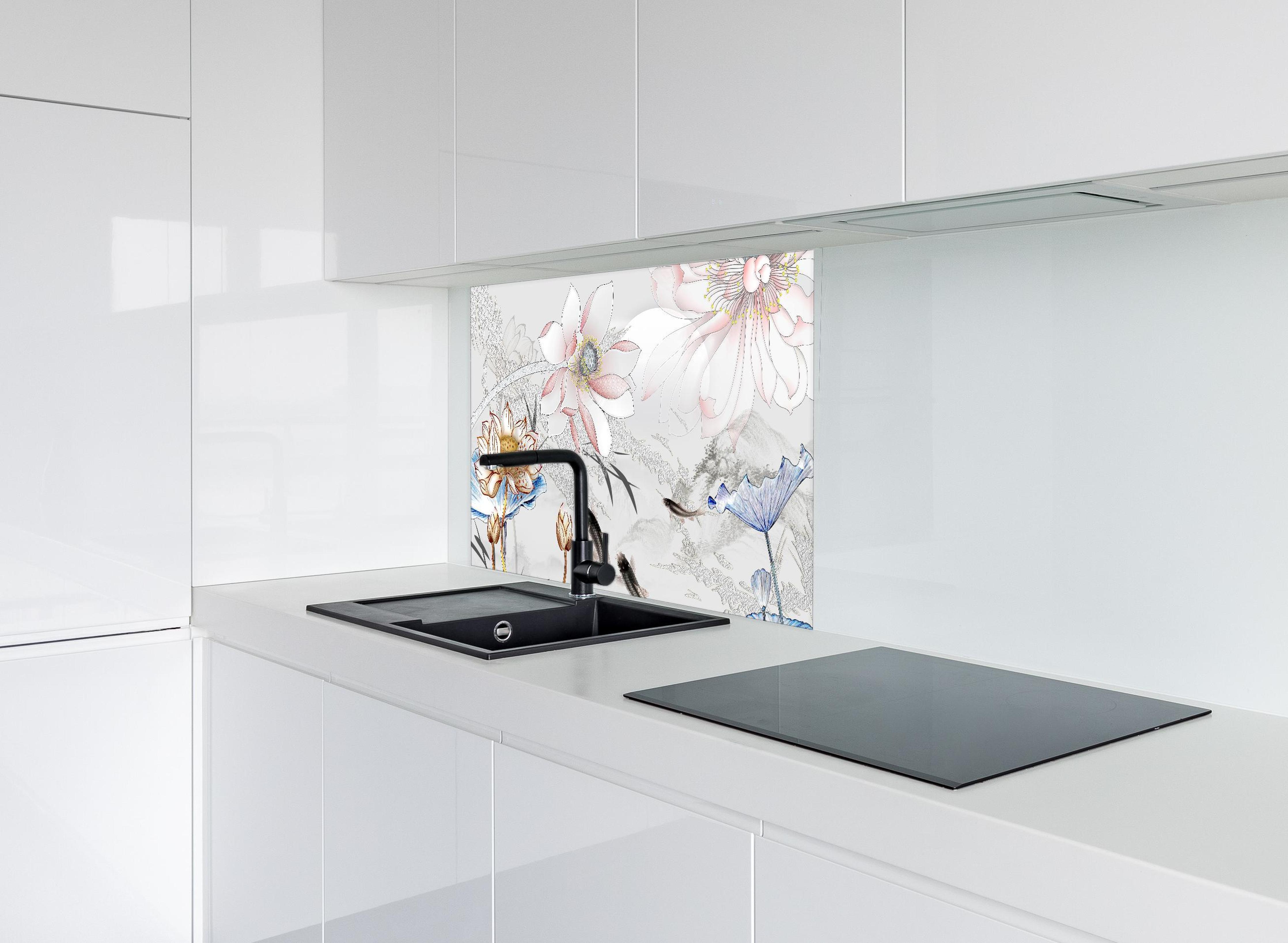 Spritzschutz - Abstrakte japanische Illustration hinter modernem schwarz-matten Spülbecken in weißer Hochglanz-Küche