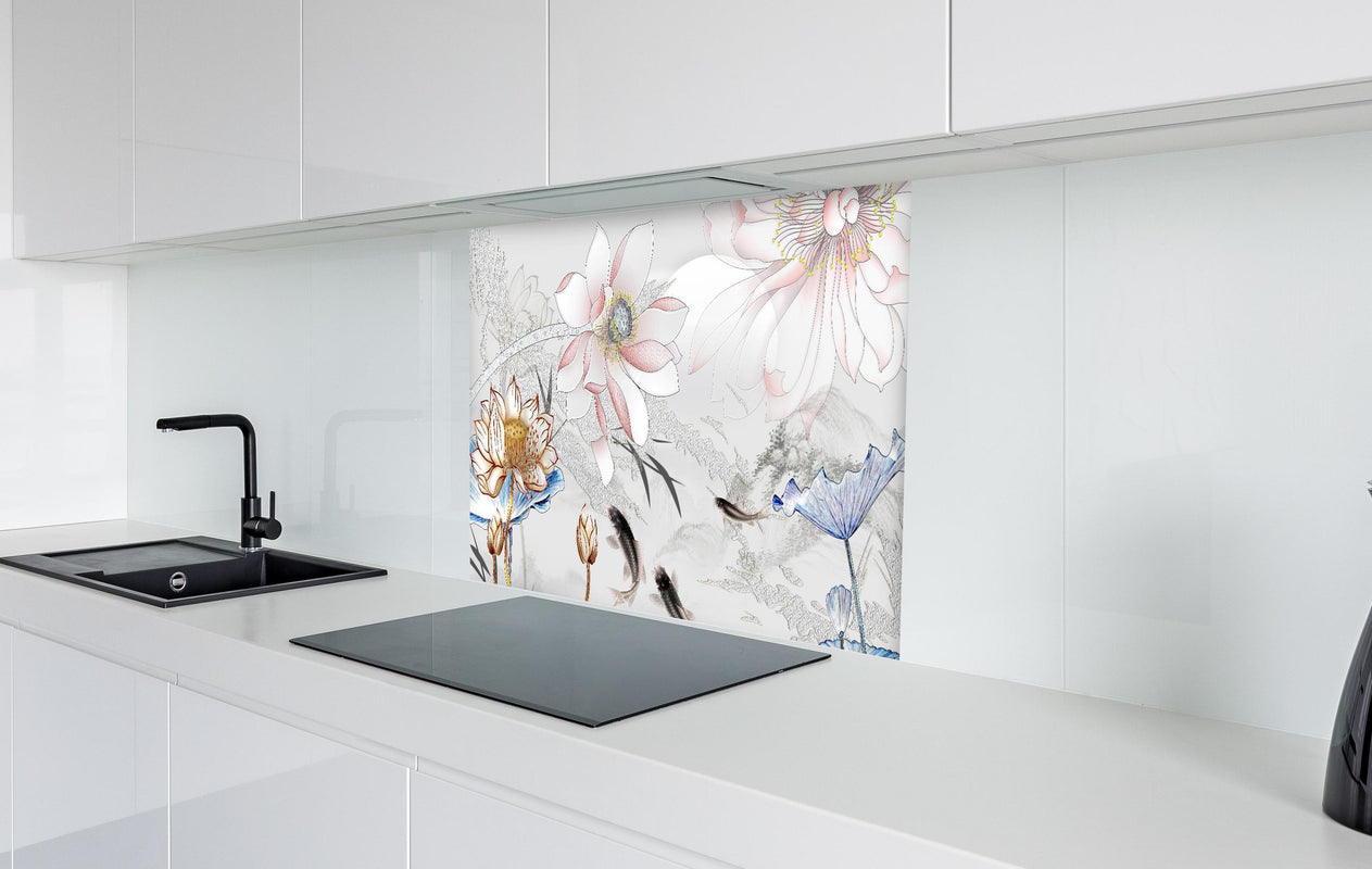 Spritzschutz - Abstrakte japanische Illustration  in weißer Hochglanz-Küche hinter einem Cerankochfeld