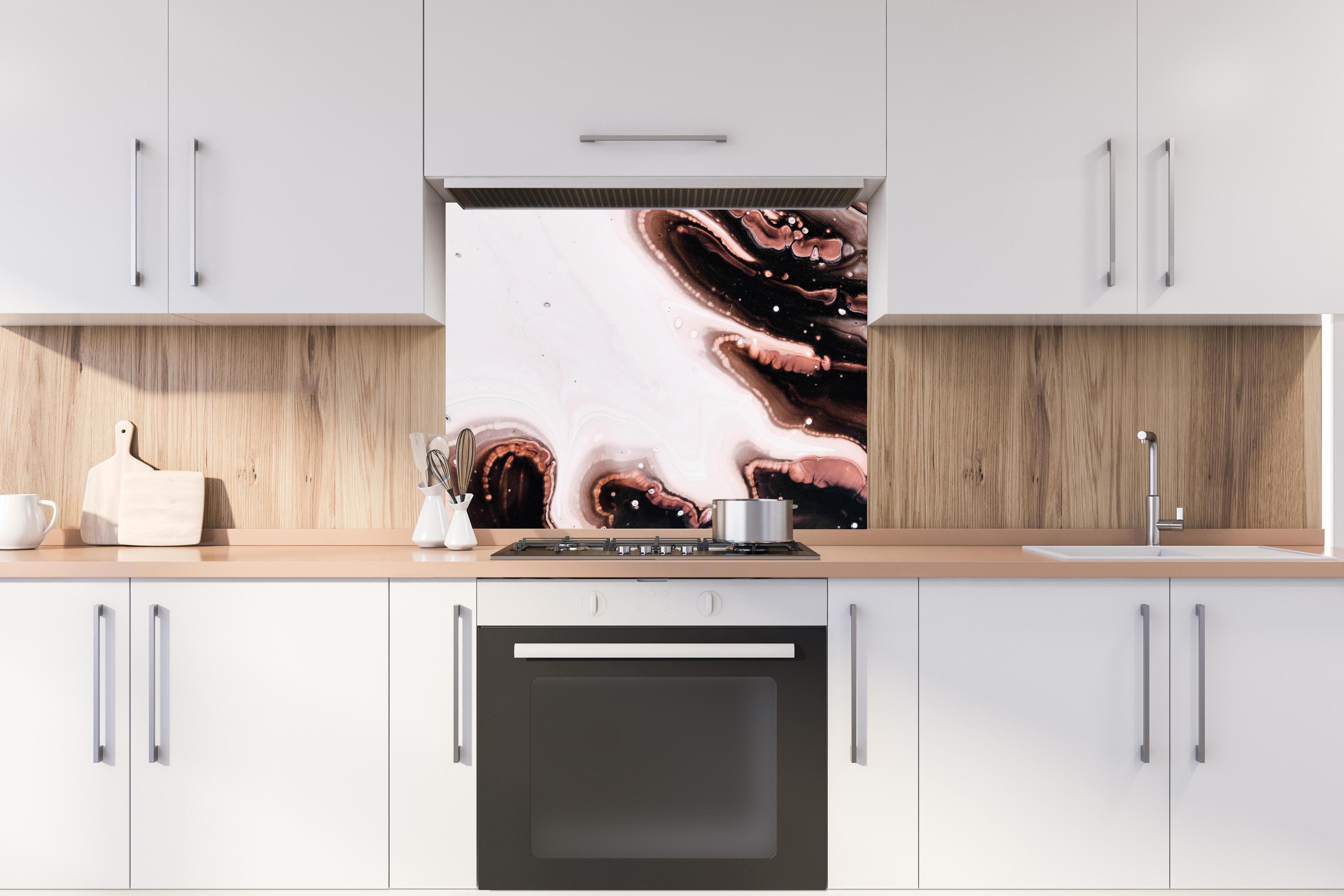 Spritzschutz - Acryl Flüssigkunst - Dunkle Farben hinter stilvollem Gasherd unter Dunstabzugshaube