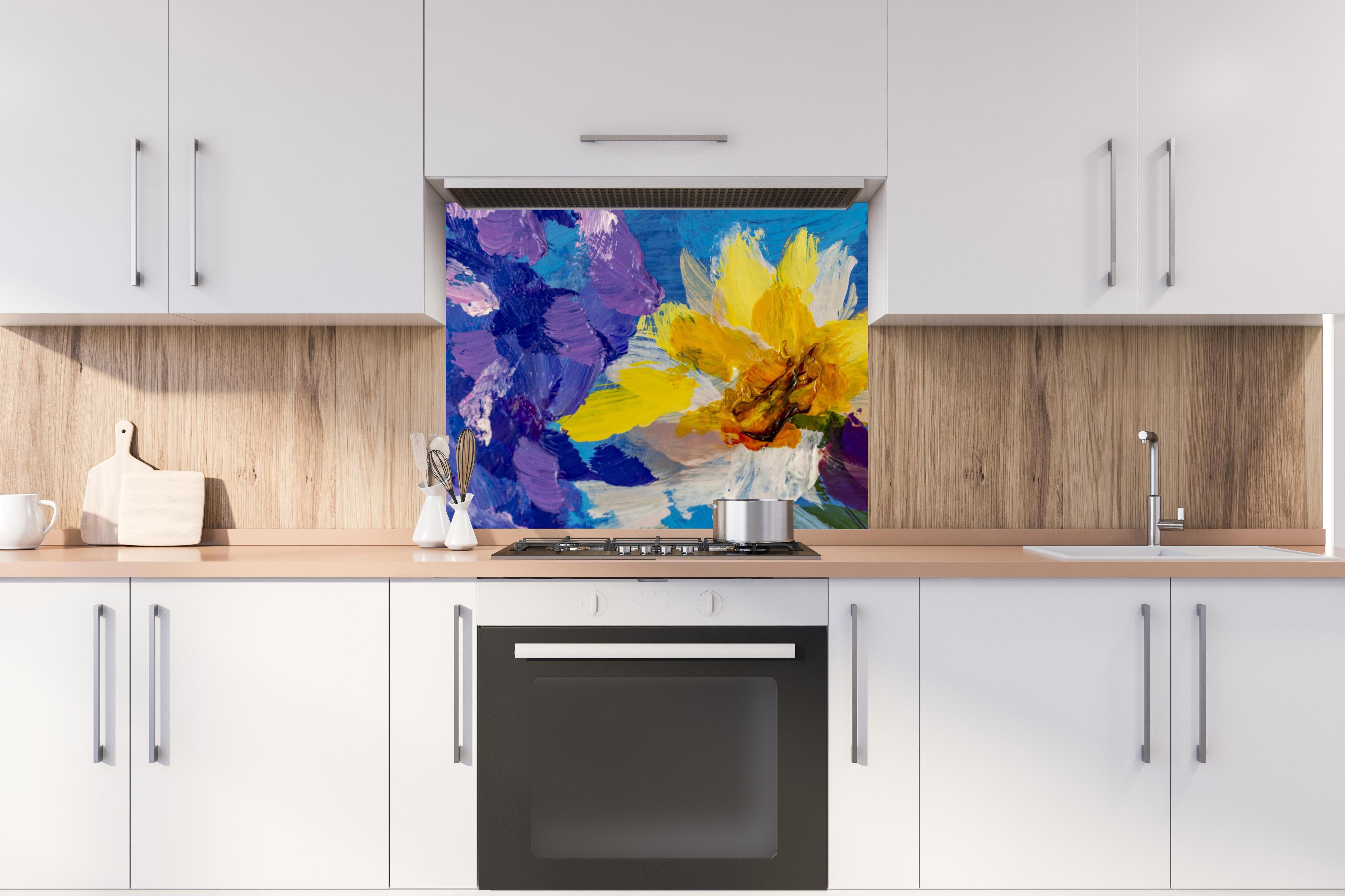 Spritzschutz - Aquarell Blumengemälde (Claude Monet) hinter stilvollem Gasherd unter Dunstabzugshaube