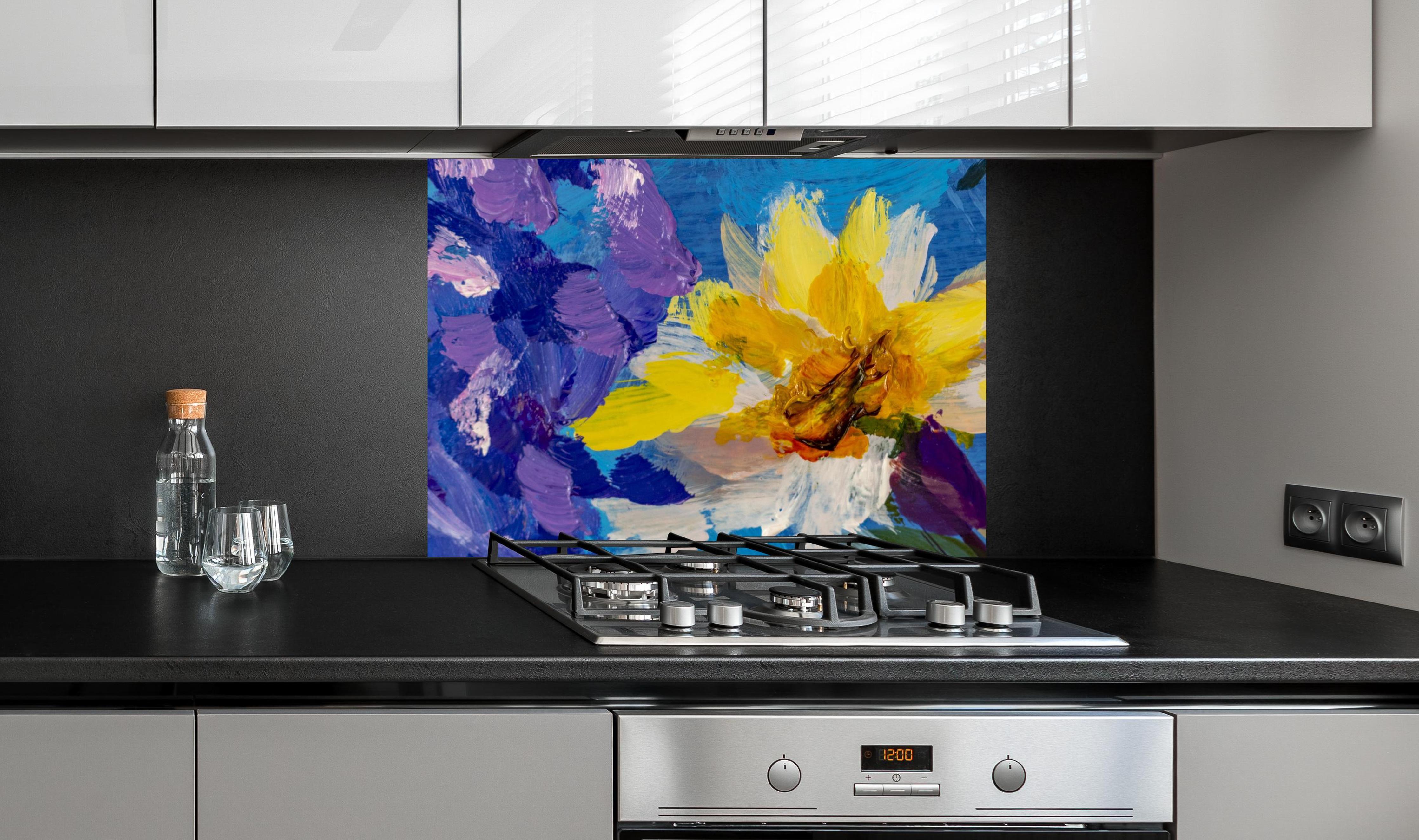 Spritzschutz - Aquarell Blumengemälde (Claude Monet) an edler Anthrazit-Wand hinter silbernem Gasherd